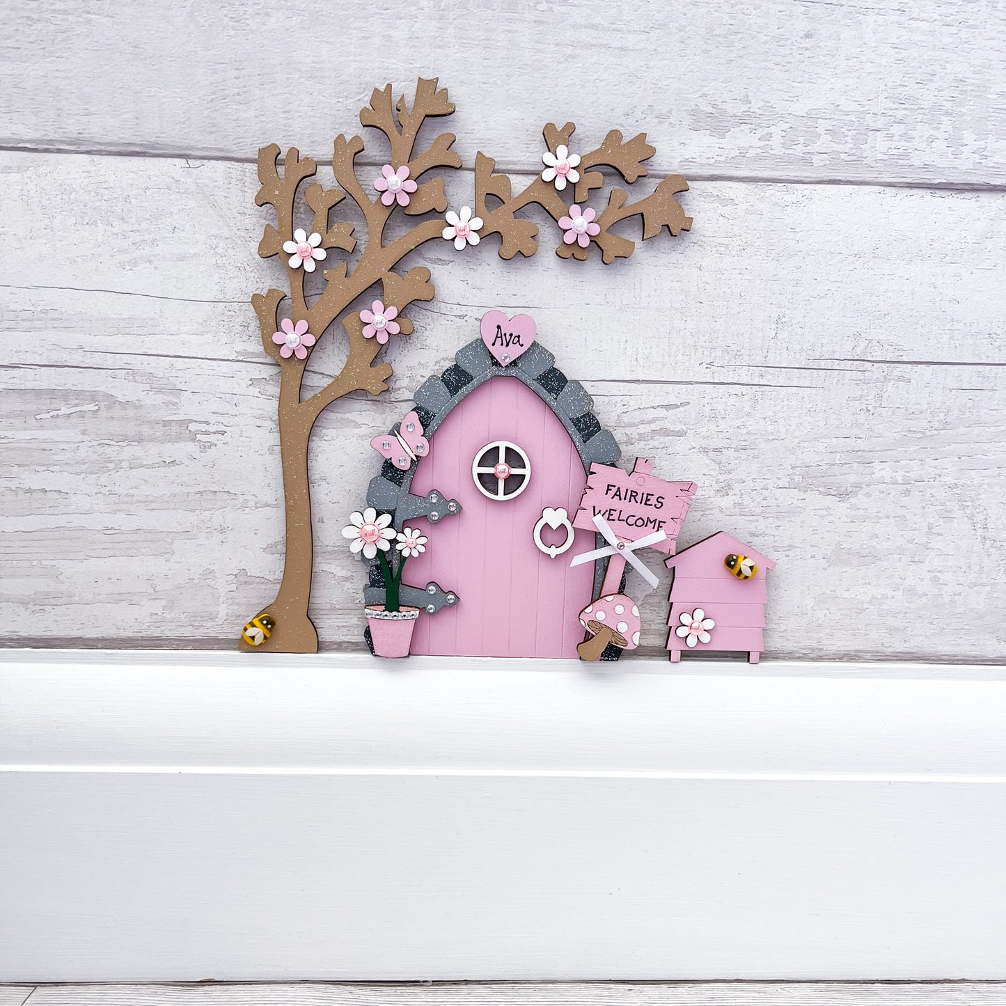 Candy Pink Fairy Door With Tree & Beehive Set