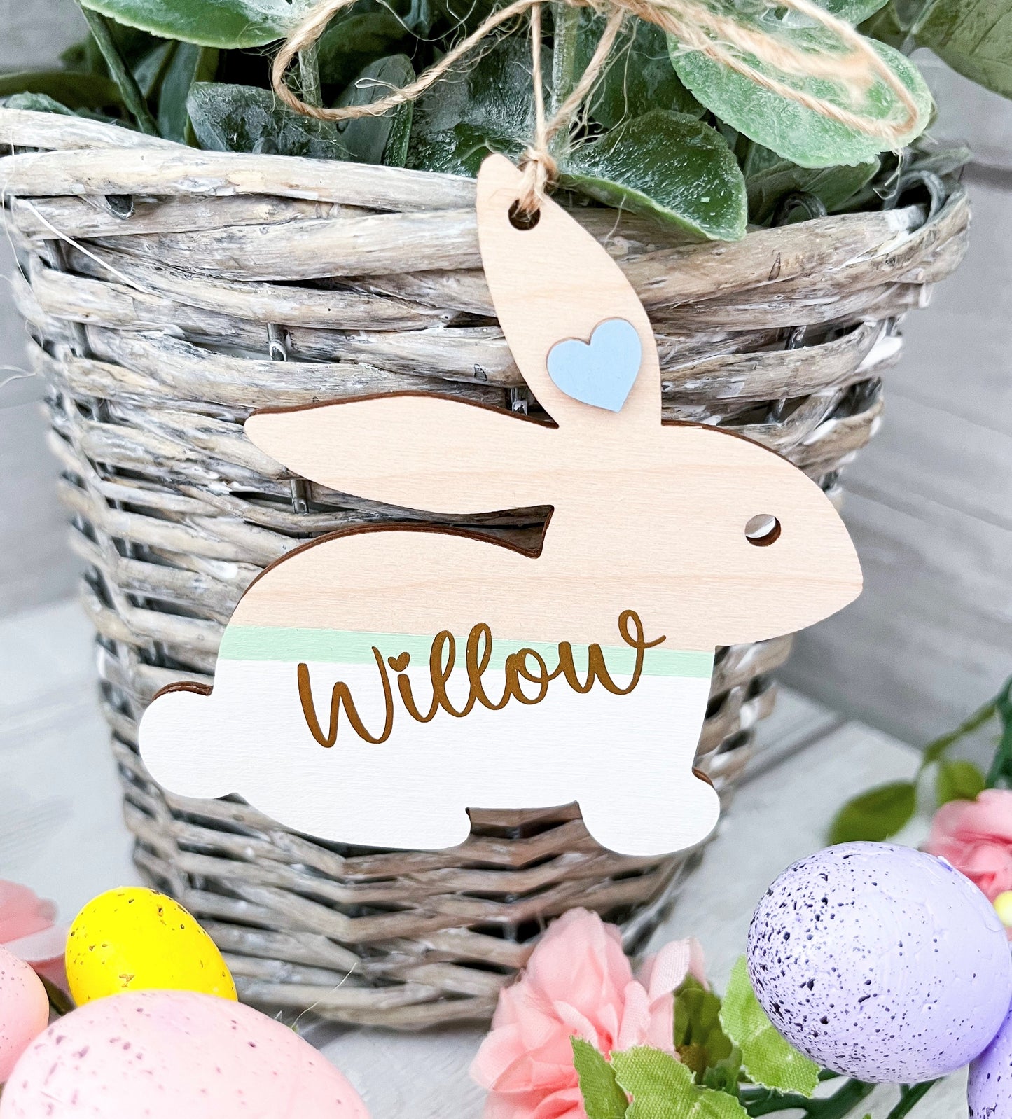 Personalised Easter Basket Bunny Tag, Decoration, White, Blue & Gold - Sweet Pea Wooden Creations