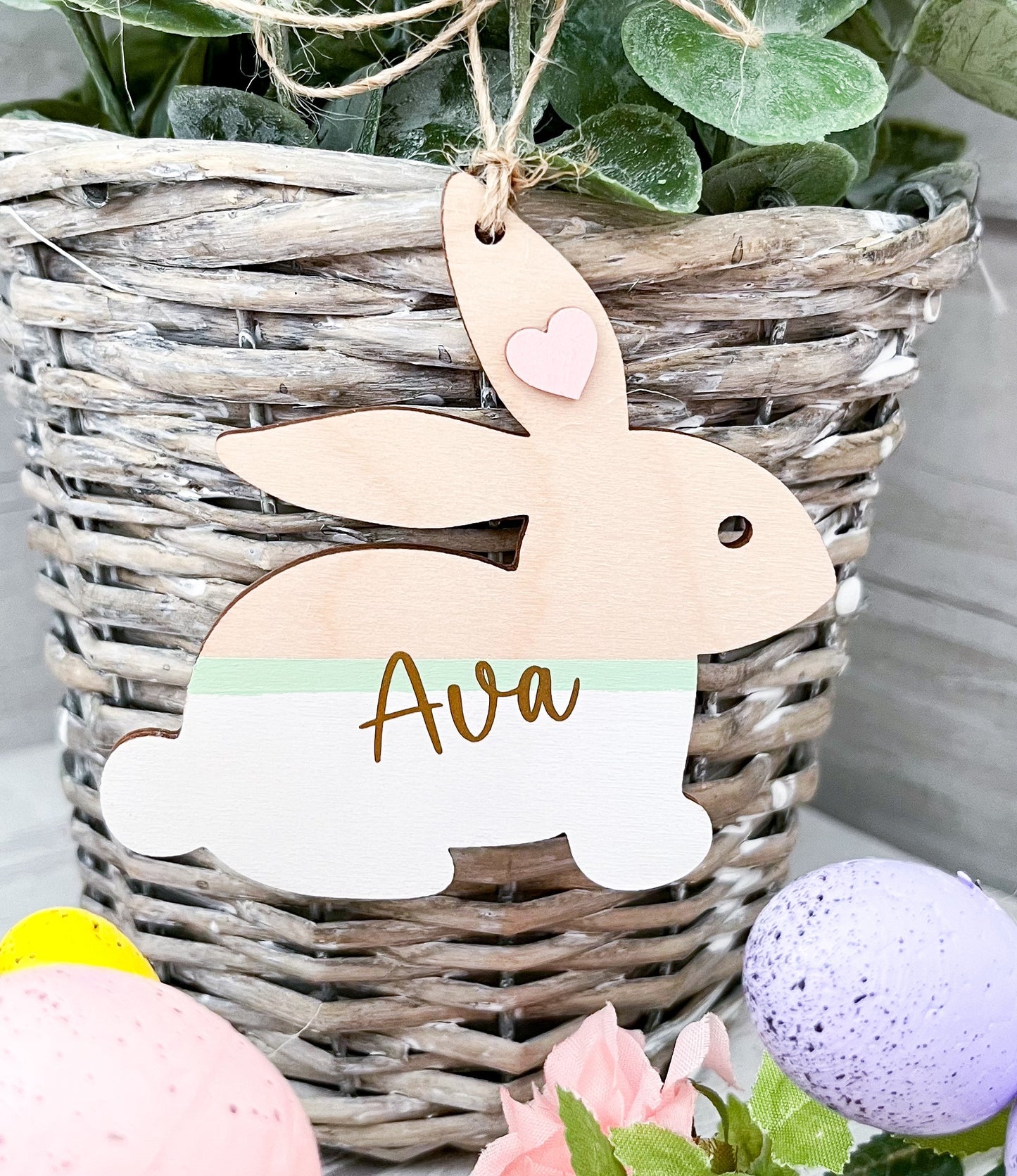 Personalised Easter Basket Bunny Tag, Decoration, White, Pink & Gold - Sweet Pea Wooden Creations