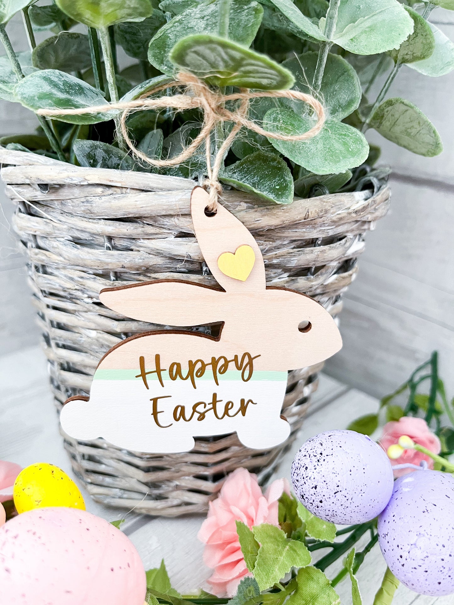 Personalised Easter Basket Bunny Tag, Decoration, White, Yellow & Gold - Sweet Pea Wooden Creations