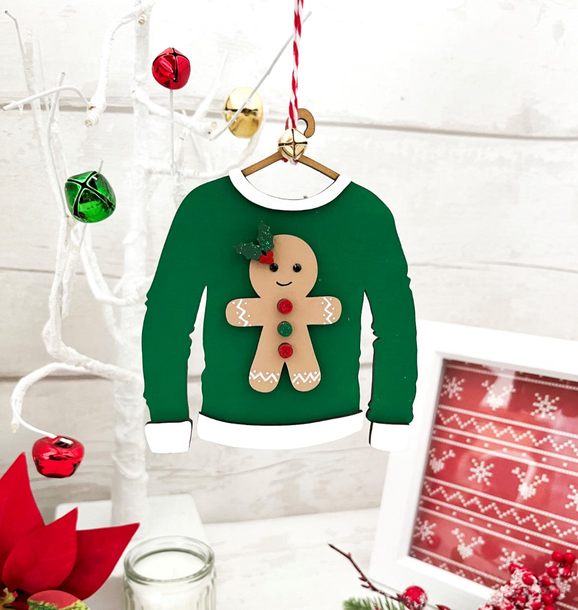 Gingerbread Christmas Jumper Hanging Tree Decoration 1 - Sweet Pea Wooden Creations