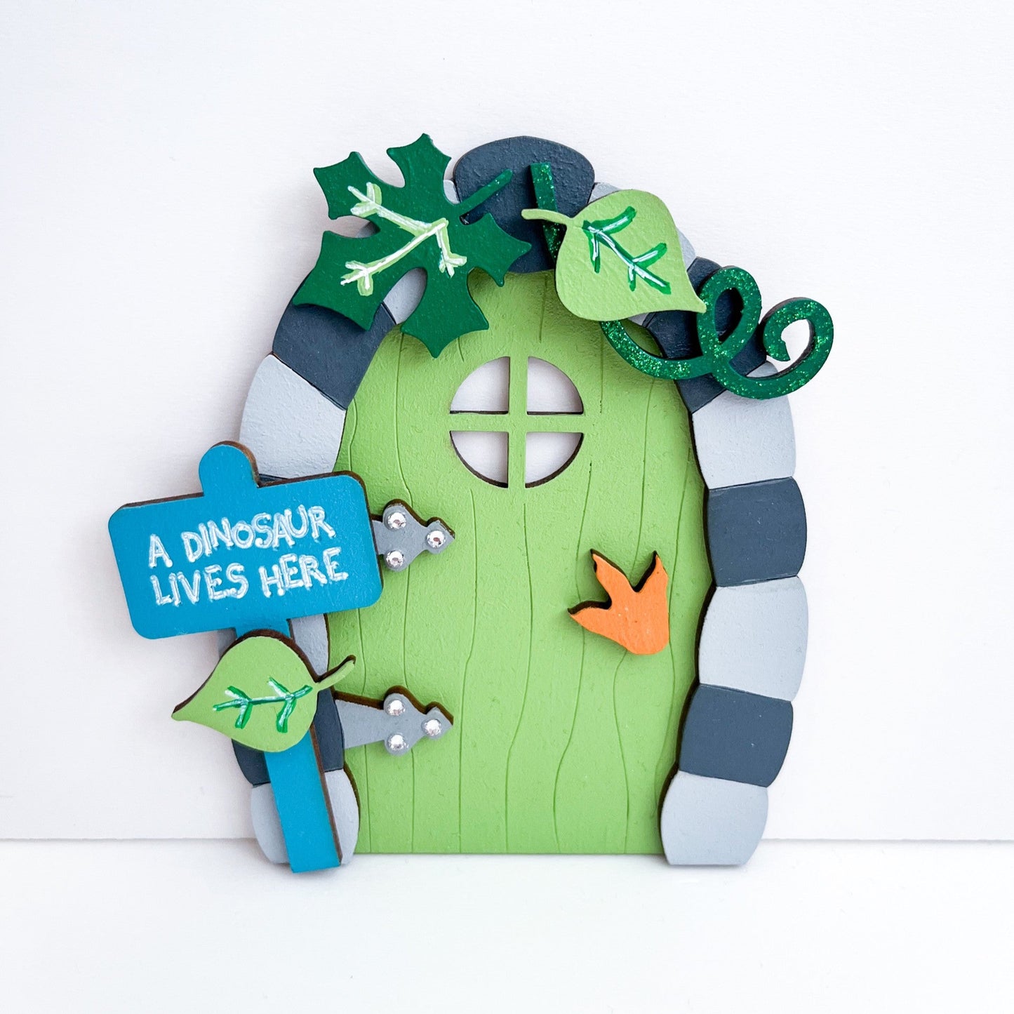 Green, Orange & Blue Dinosaur Themed Fairy Door Decoration - Sweet Pea Wooden Creations