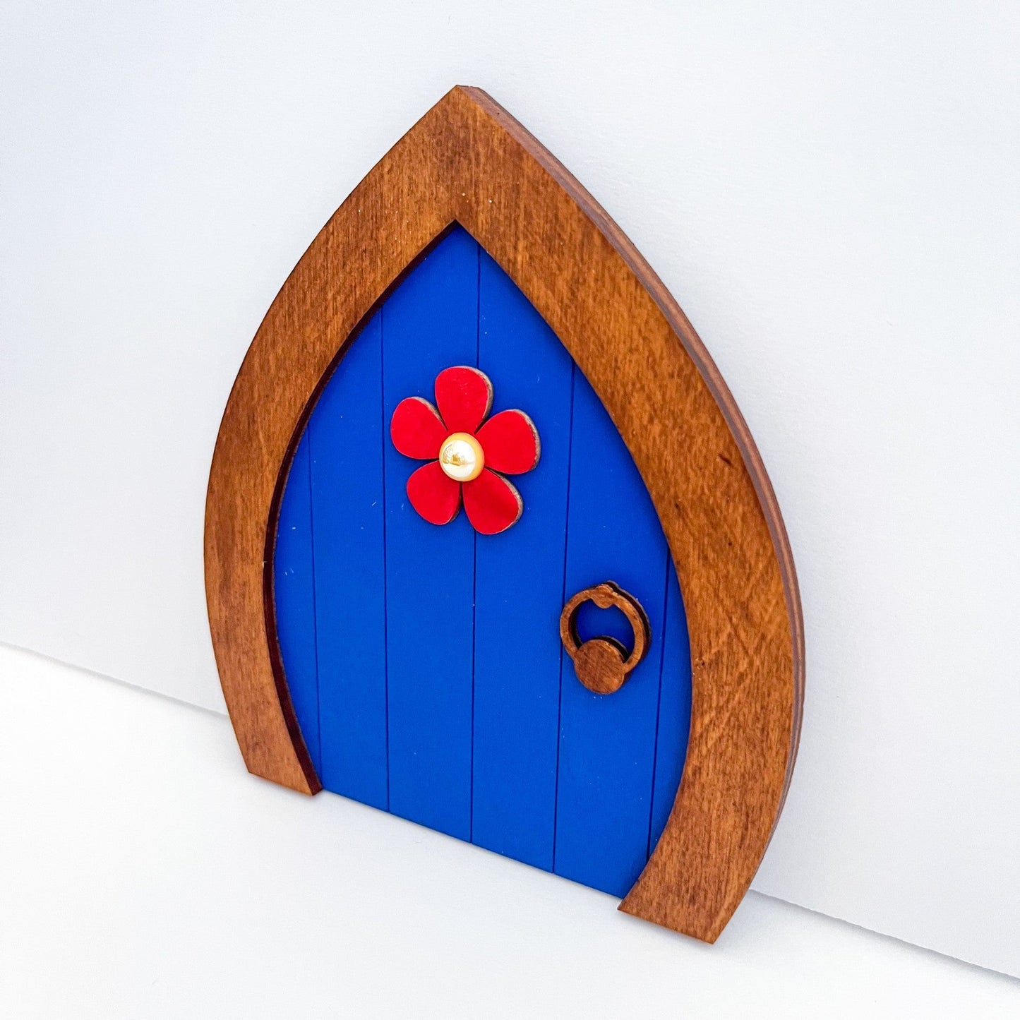 Magical Handcrafted Wooden Blue Fairy Door With Red Flower For Outside - Sweet Pea Wooden Creations