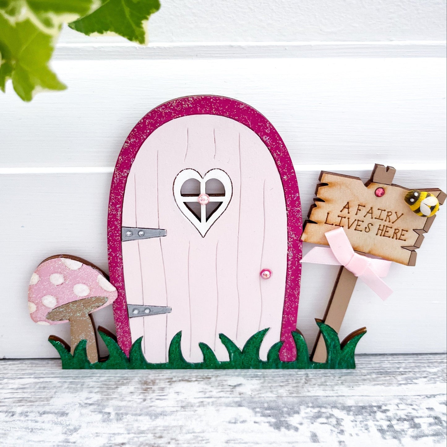 Mini Fairy Door Decoration In Pink With Toadstool And Bumblebee - Sweet Pea Wooden Creations