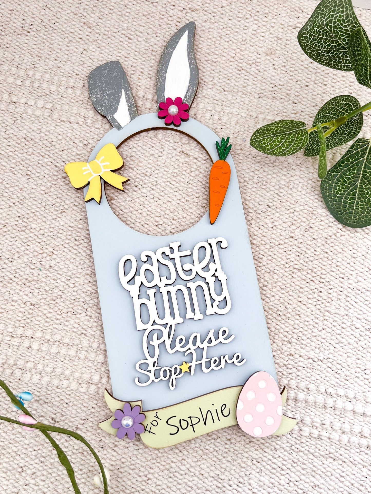 Personalised Easter Bunny Please Stop Here Door Hanger Sign - Sweet Pea Wooden Creations