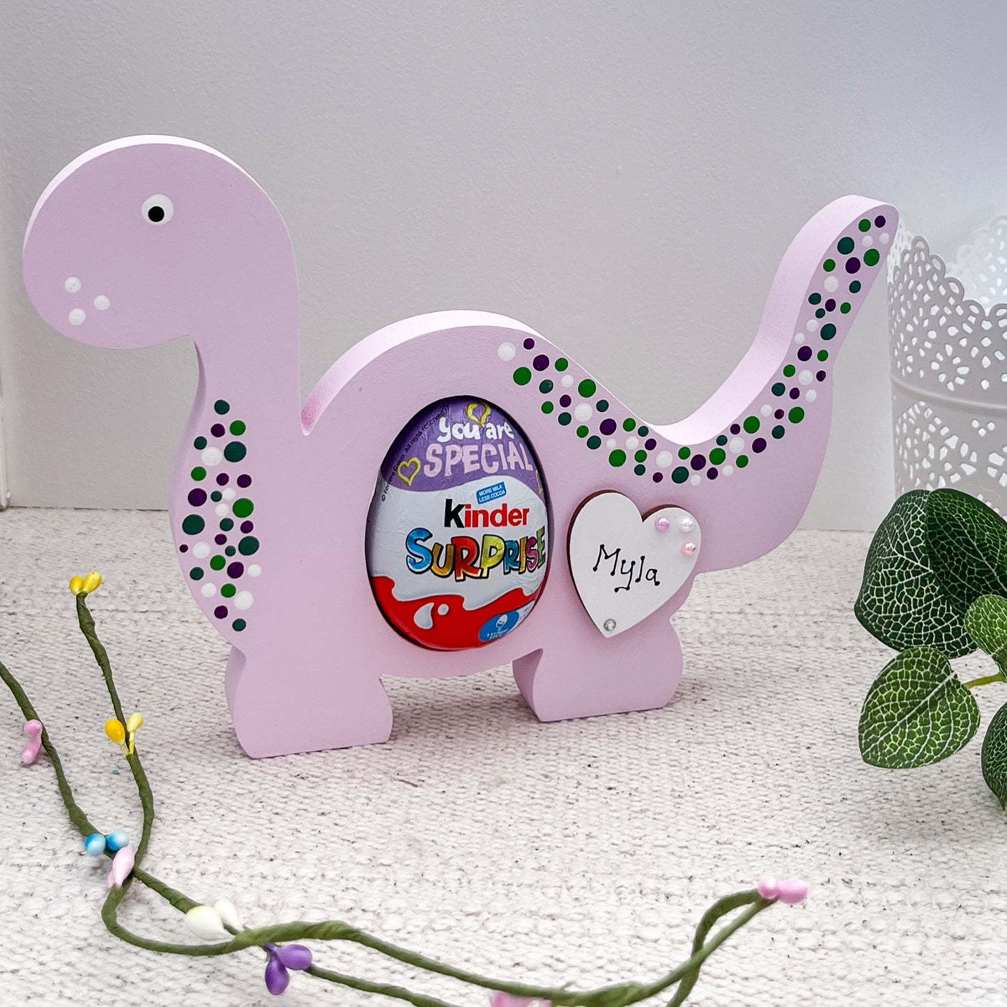 Personalised Easter Egg Holder, Lilac Dinosaur -Sweet Pea Wooden Creations