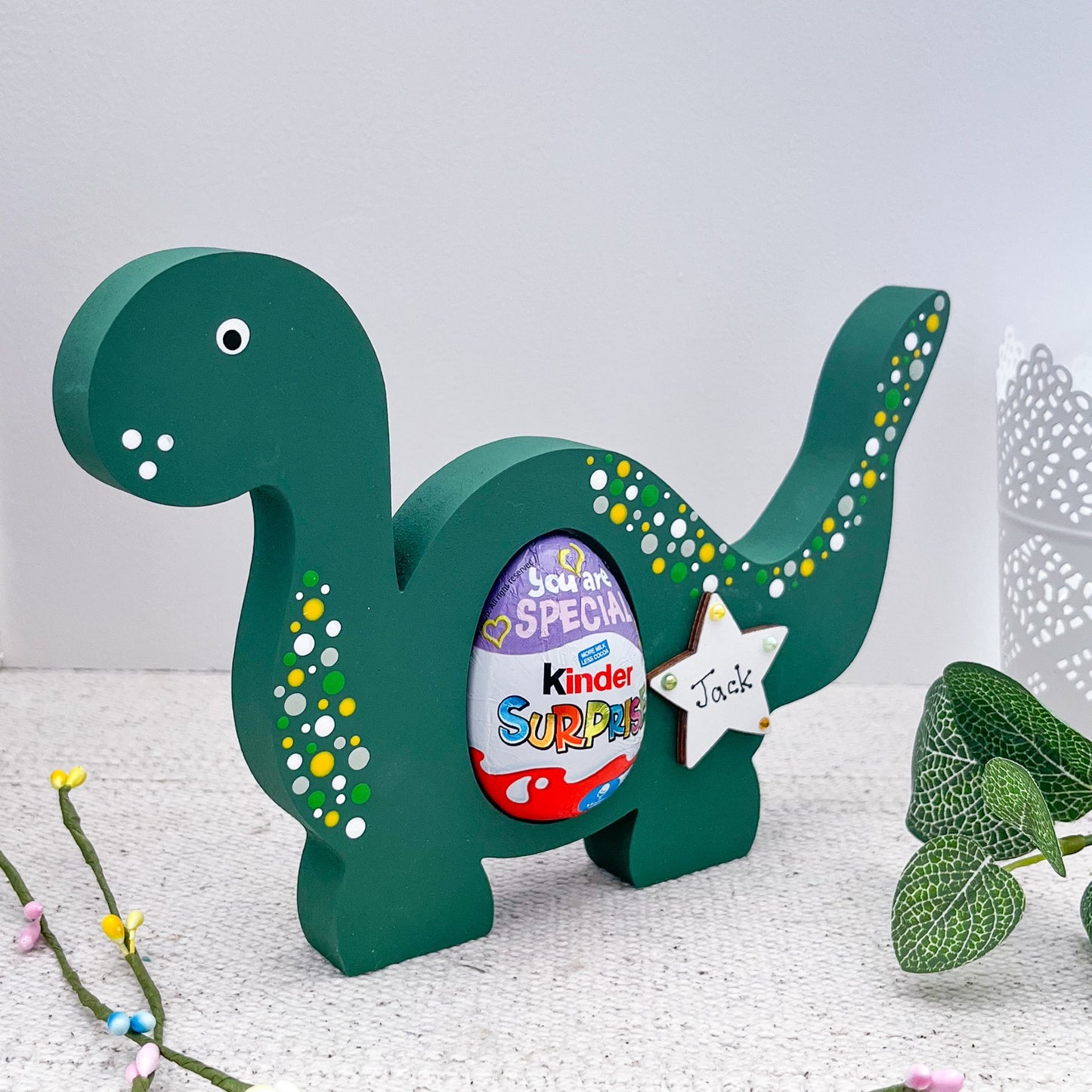 Personalised Green Dinosaur Easter Egg Holder - Sweet Pea Wooden Creations