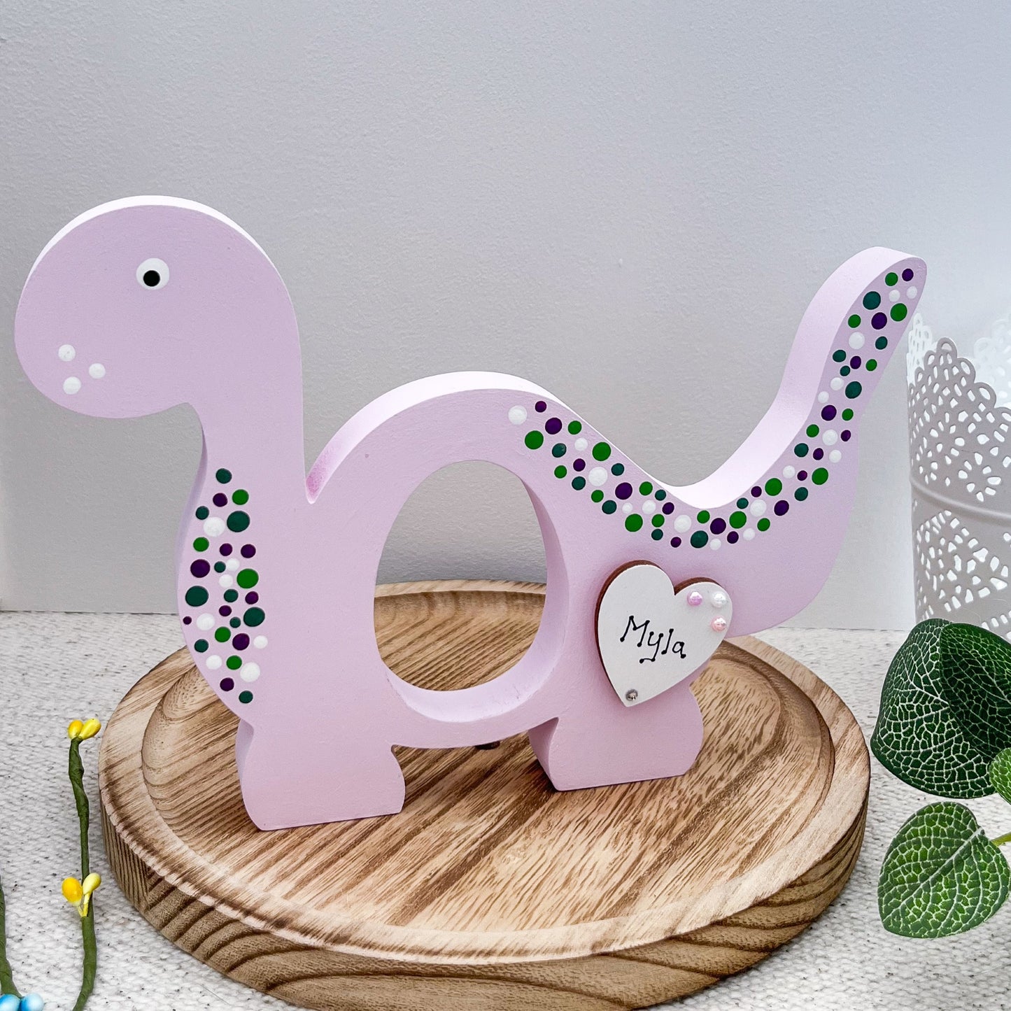 Personalised Lilac Dinosaur Decoration, Easter Kinder Egg Holder - Sweet Pea Wooden Creations