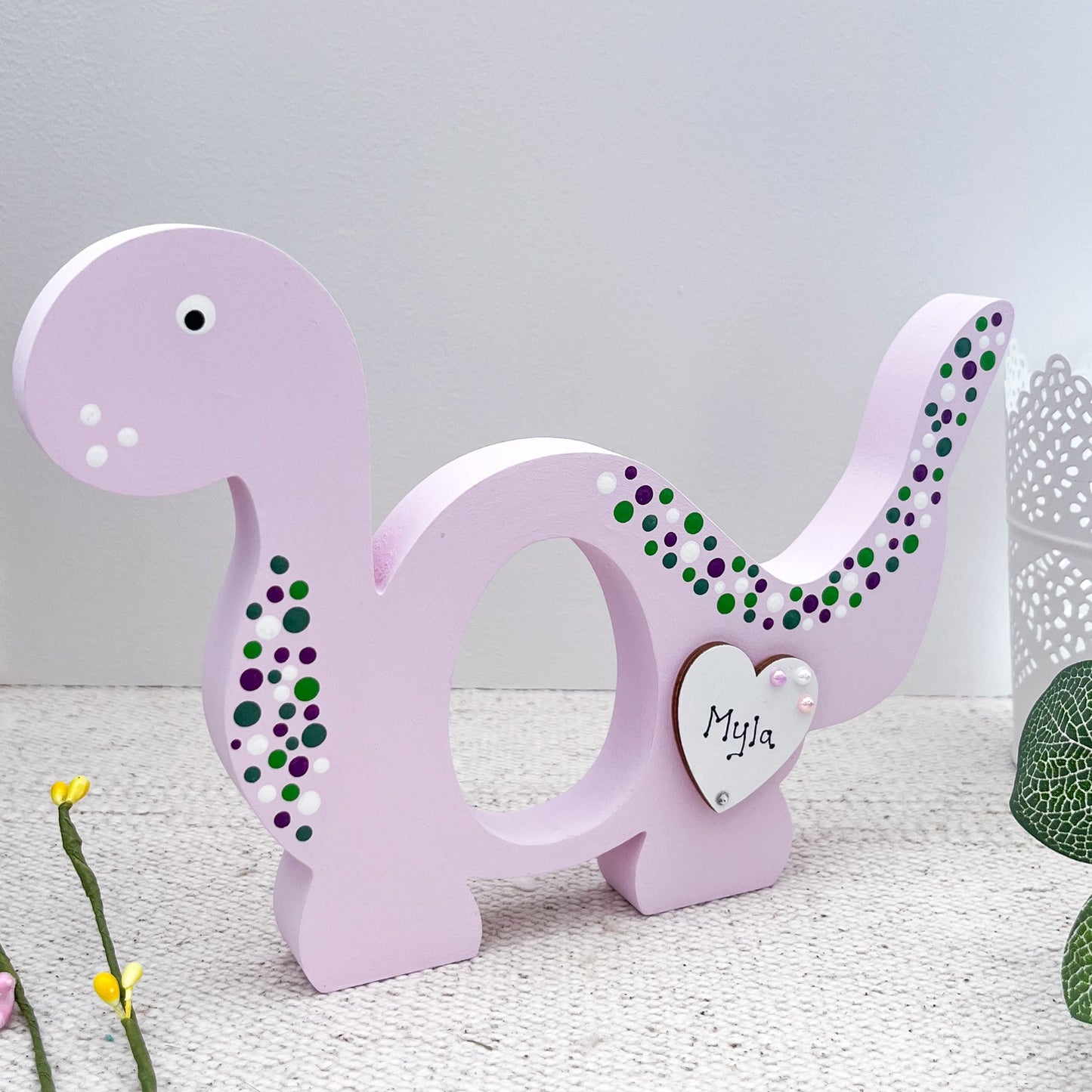 Personalised Lilac Easter Dinosaur Decoration, Gift - Sweet Pea Wooden Creations