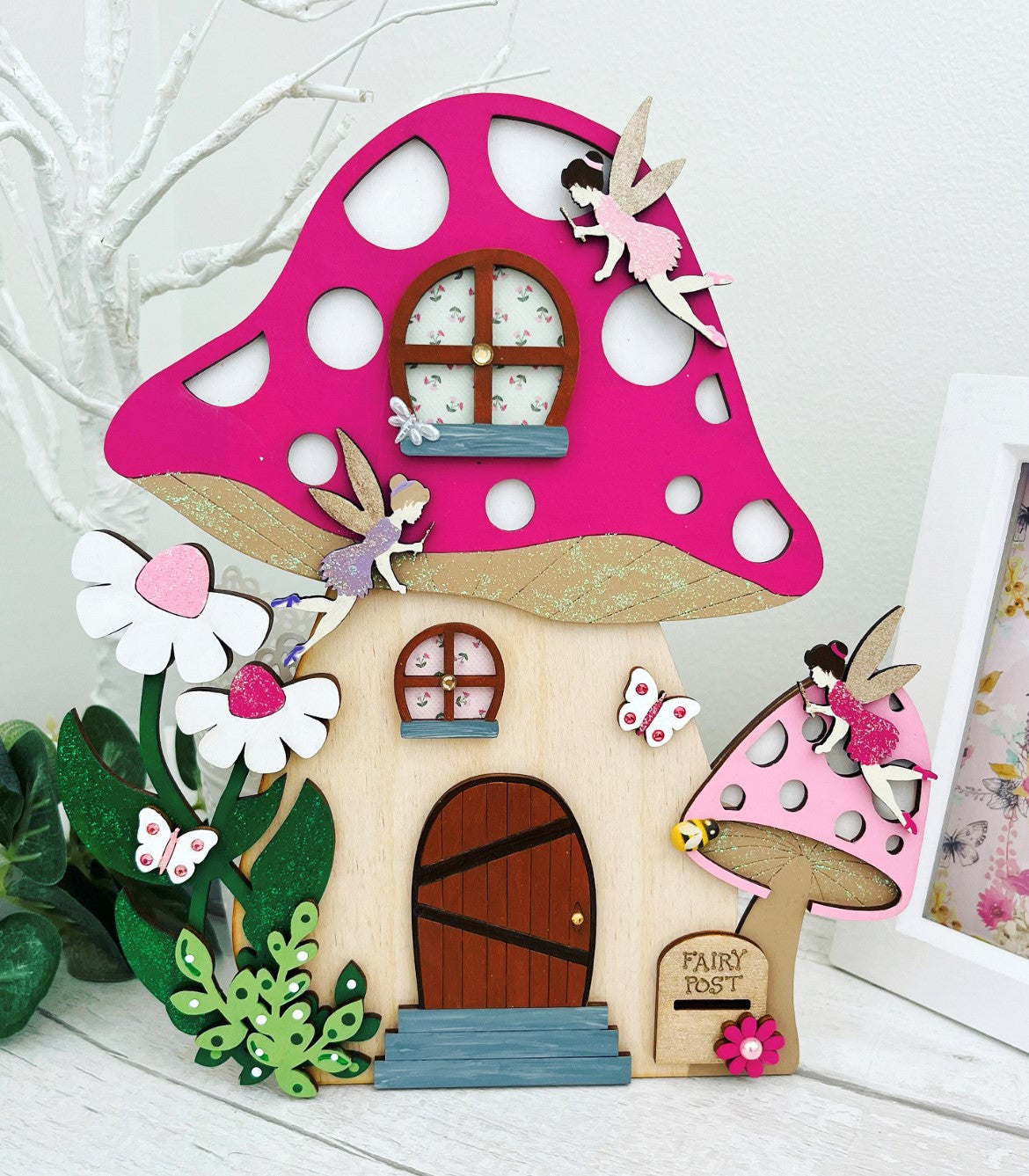 Pink Toadstool Large Wooden Fairy Door With Fairies - Sweet Pea Wooden Creations