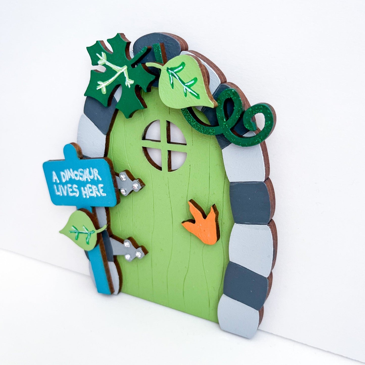 Themed Dinosaur Fairy Door Decoration, Green - Sweet Pea Wooden Creations