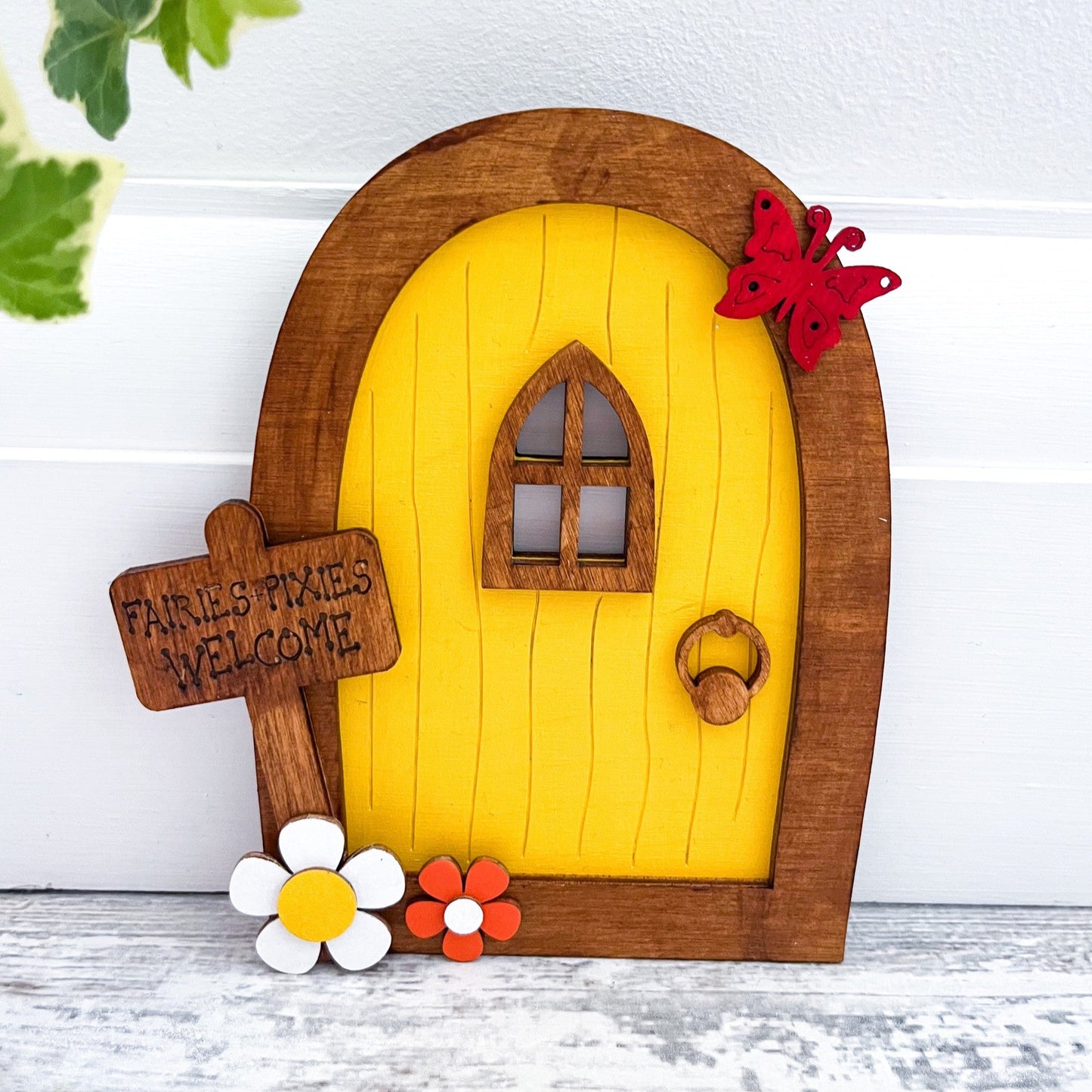 Yellow Garden Fairy Door With Butterfly Decoration, Fairy Portal - Sweet Pea Wooden Creations