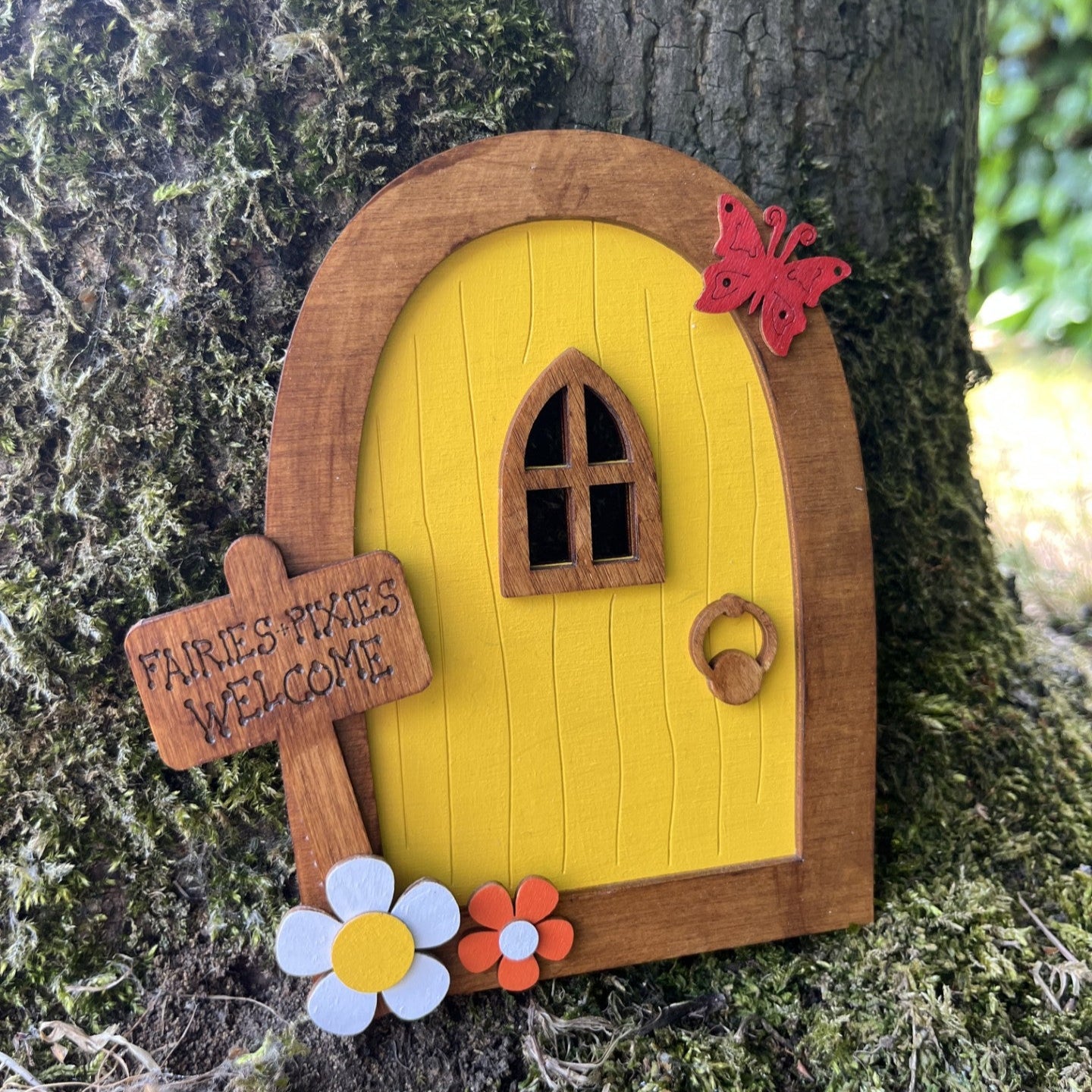 Yellow Garden Fairy Door For Tree - Sweet Pea Wooden Creations