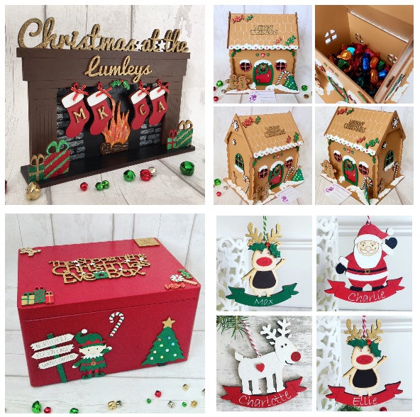 Hand Crafted Wooden Personalised Christmas Eve boxes, Christmas Decorations, Elf Doors & Christmas Tree Decorations