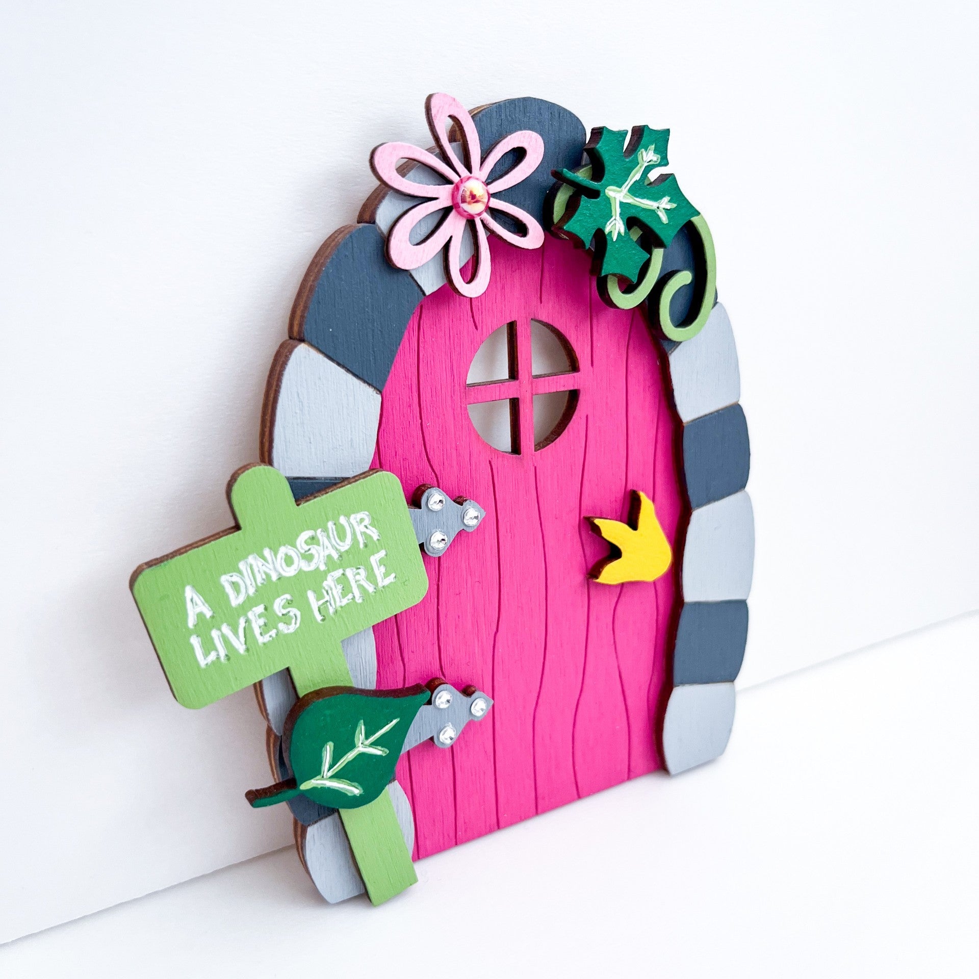 A Dinosaur Lives Here, Pink Dinosaur Decoration, Magic Door - Sweet Pea Wooden Creations