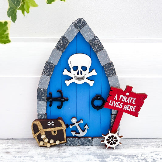 Ahoy Matey! Pirate Themed Kids Decor, A Pirate Lives Here Blue Fairy Door - Sweet Pea Wooden Creations