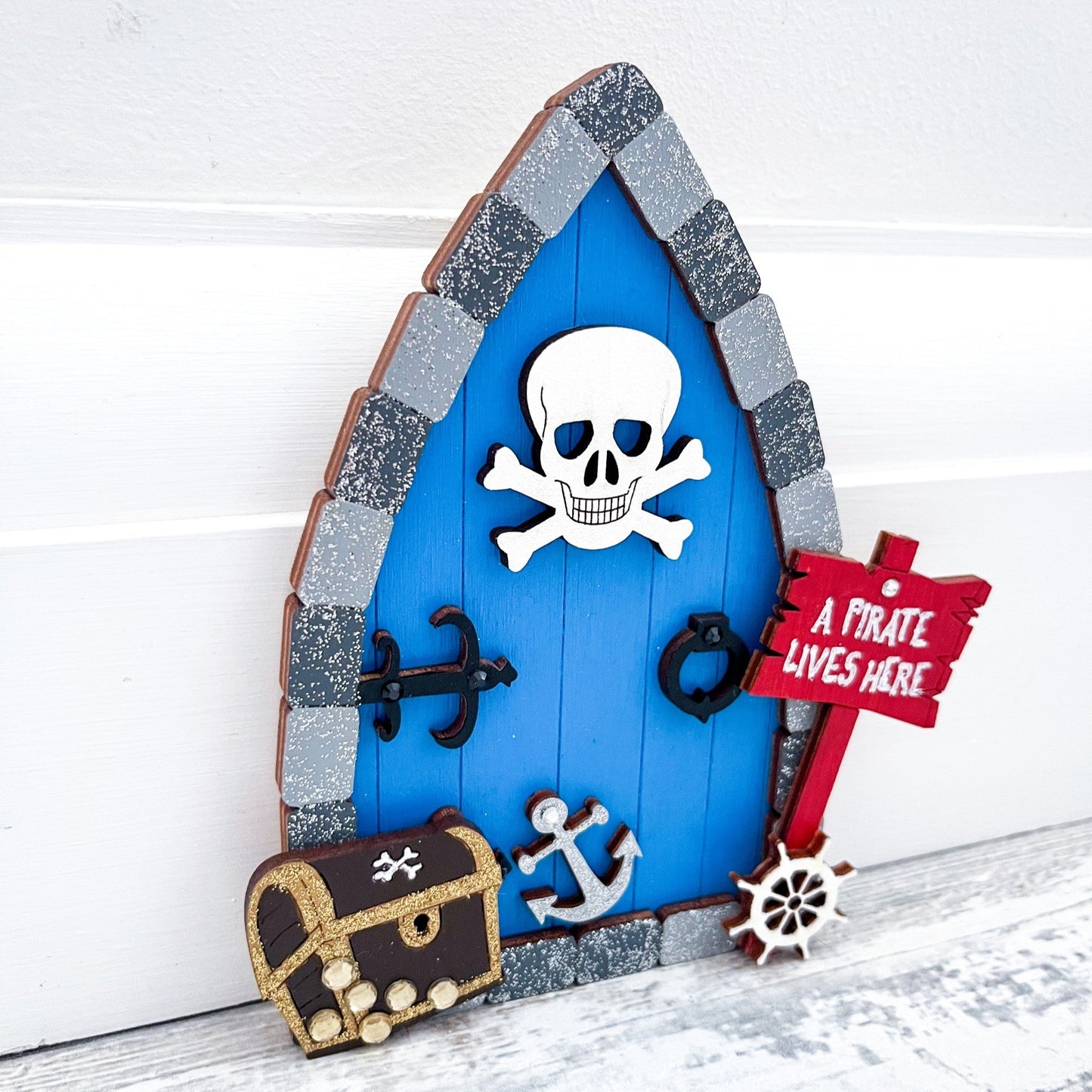 Blue Pirate Themed Fairy Door or Skirting Board - Sweet Pea Wooden Creations