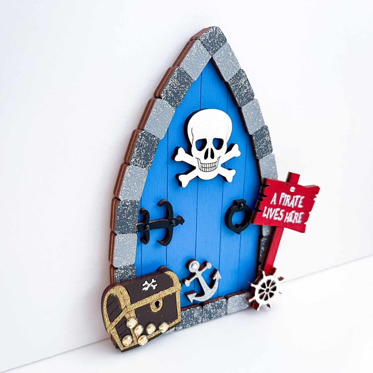 Blue Pirate Themed Fairy Door, Kids Bedroom Decoration, A Pirate Lives Here - Sweet Pea Wooden Creations