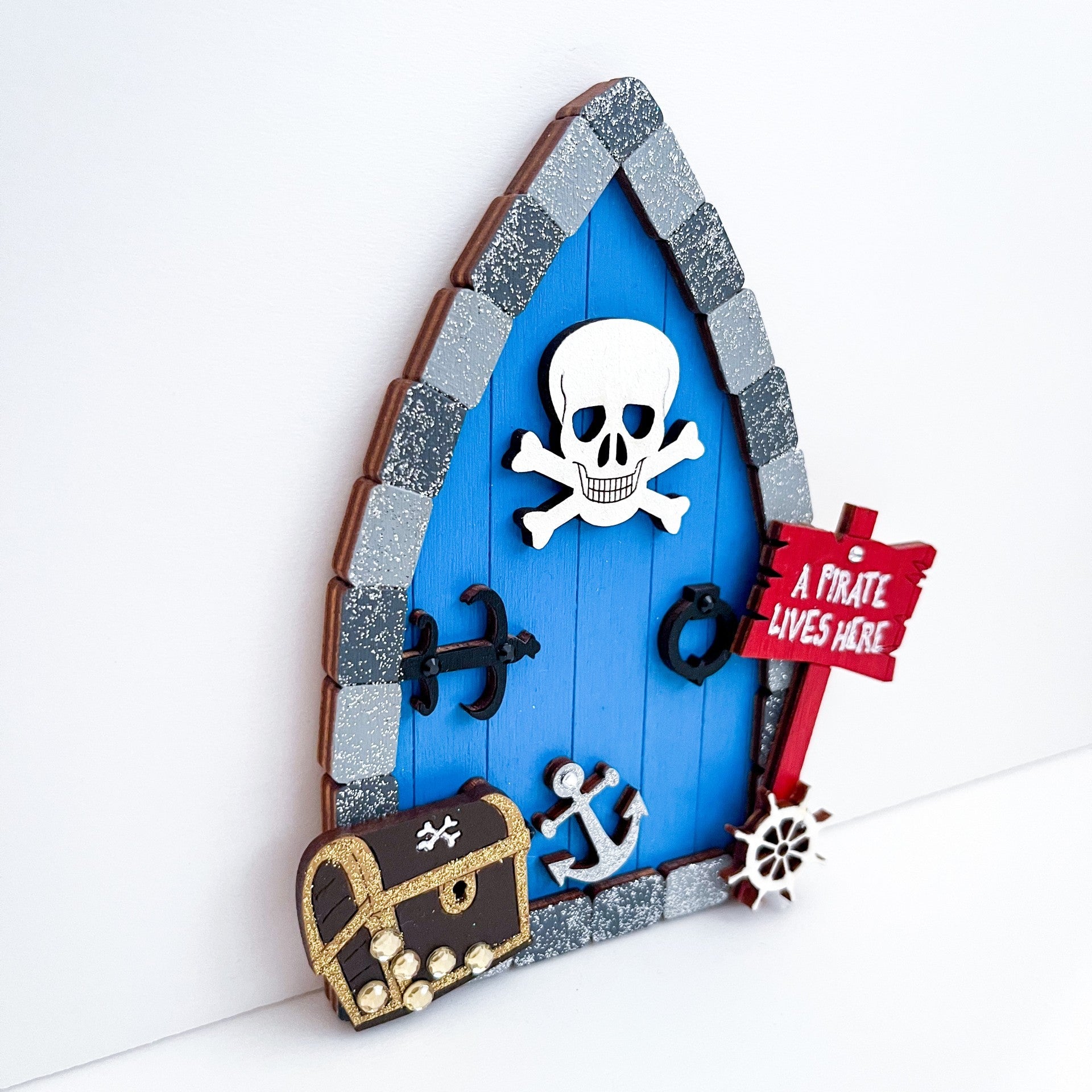 Blue Pirate Themed Fairy Door, Kids Bedroom Decoration, A Pirate Lives Here - Sweet Pea Wooden Creations