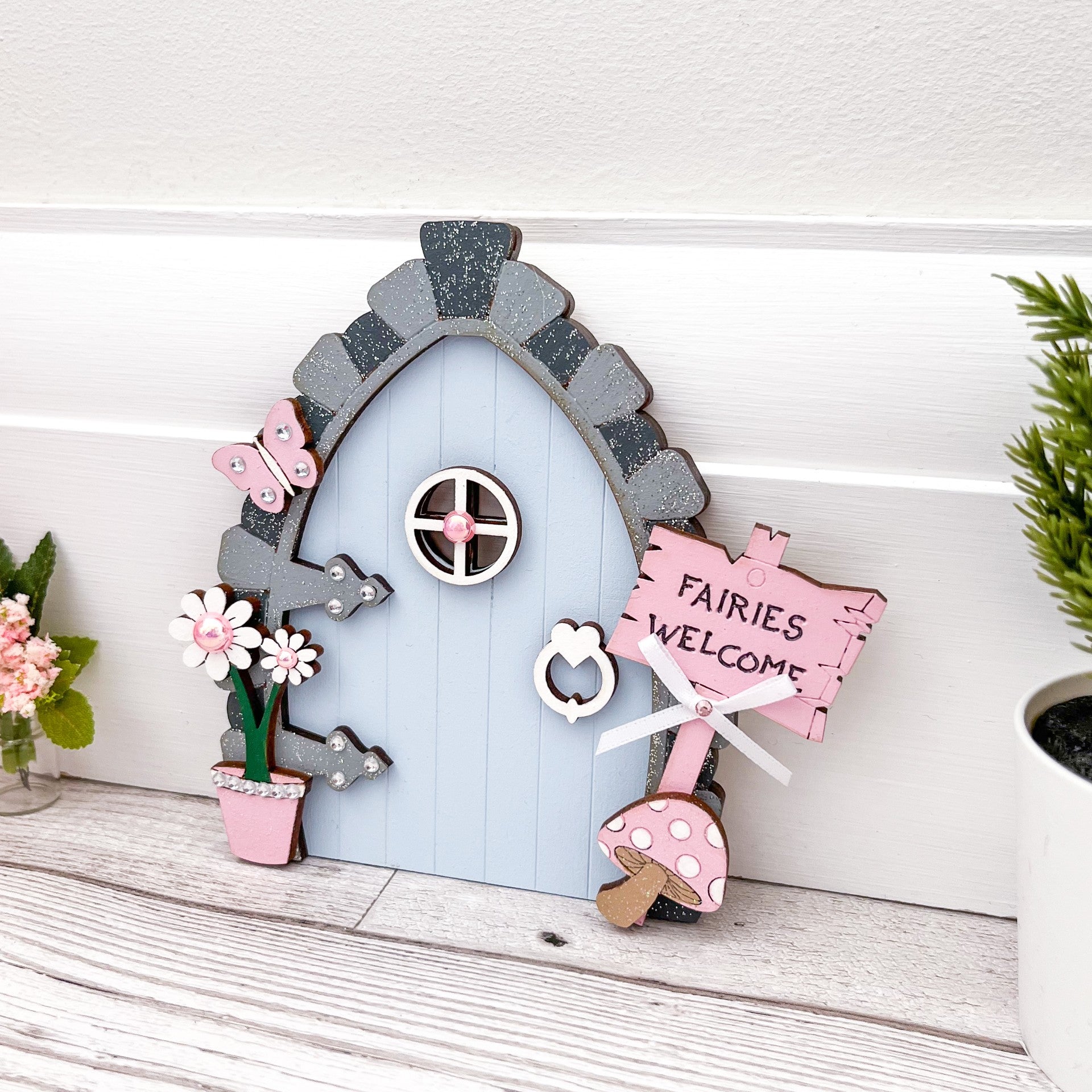 Blue and Pink Fairy Door 2 = Sweet Pea Wooden Creations