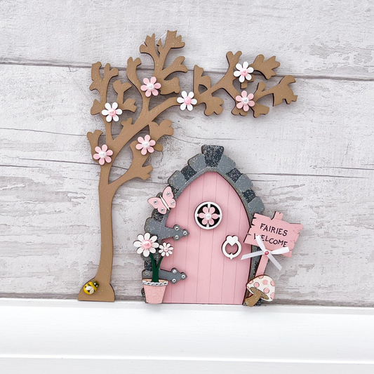 Blush Pink Fairy Door With Tree - Sweet Pea Wooden Creations