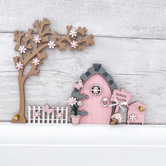 Blush Pink Fairy Door Set with Blossom Tree, Fence and Beehive