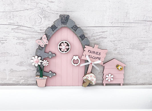 Blush Pink Fairy Door With Beehive - Sweet Pea Wooden Creations