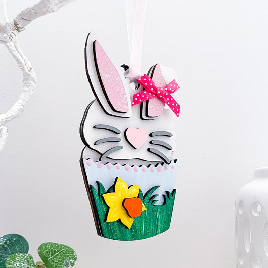 Bunny Cupcake Wooden Hanging Easter Decoration - Sweet Pea Wooden Creations