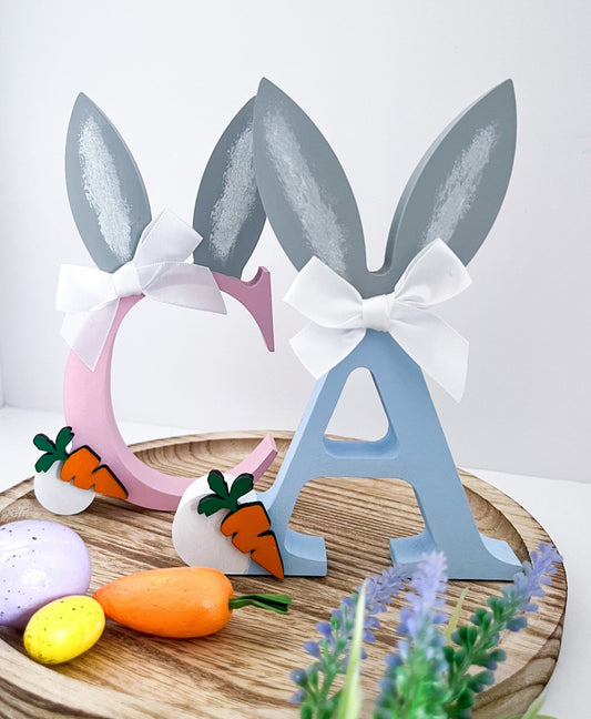 Bunny Ears Initial Gift Tiered Tray Decoration - Sweet Pea Wooden Creations