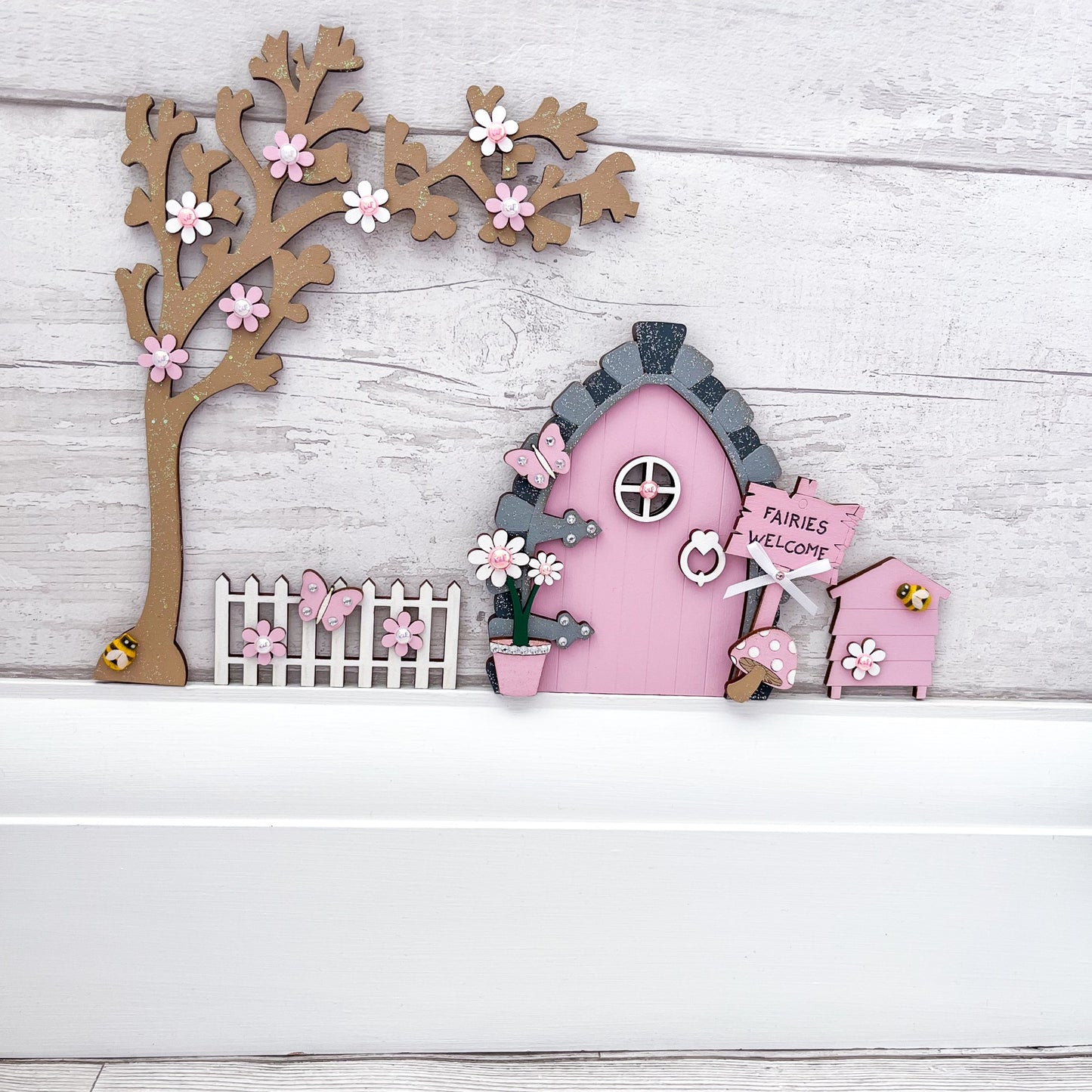 Candy Pink Wooden Fairy Door Set - Sweet Pea Wooden Creations