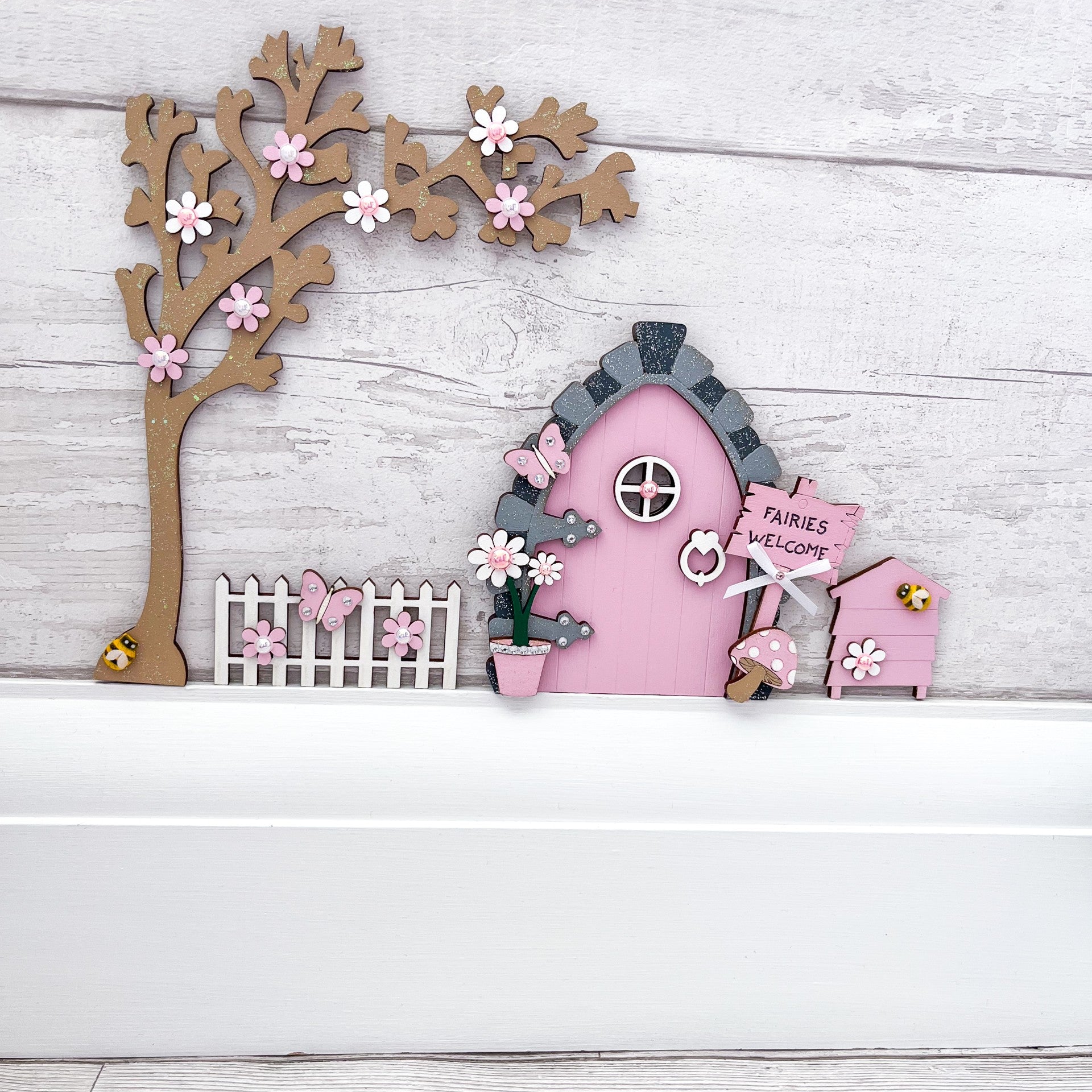 Candy Pink Wooden Fairy Door Set - Sweet Pea Wooden Creations