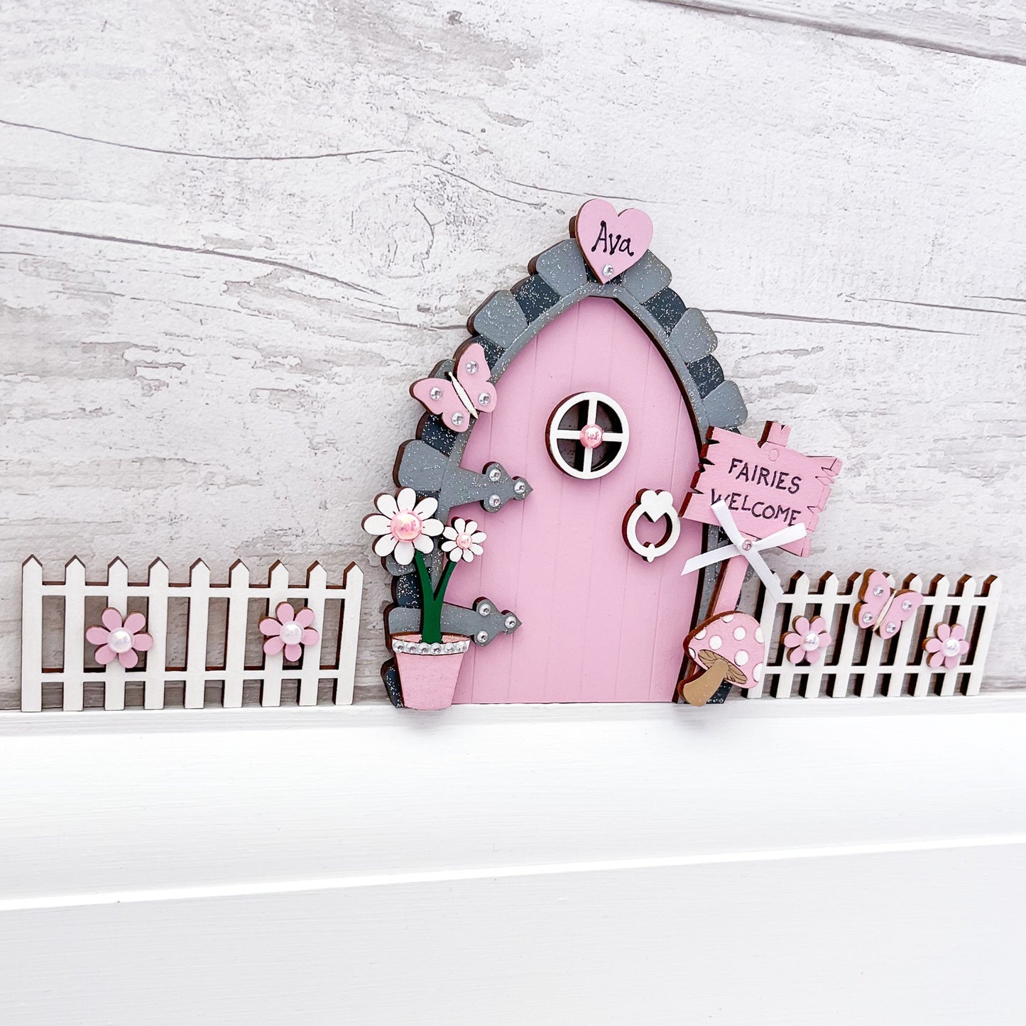 Candy Pink Wooden Fairy Door With Fencing - Sweet Pea Wooden Creations