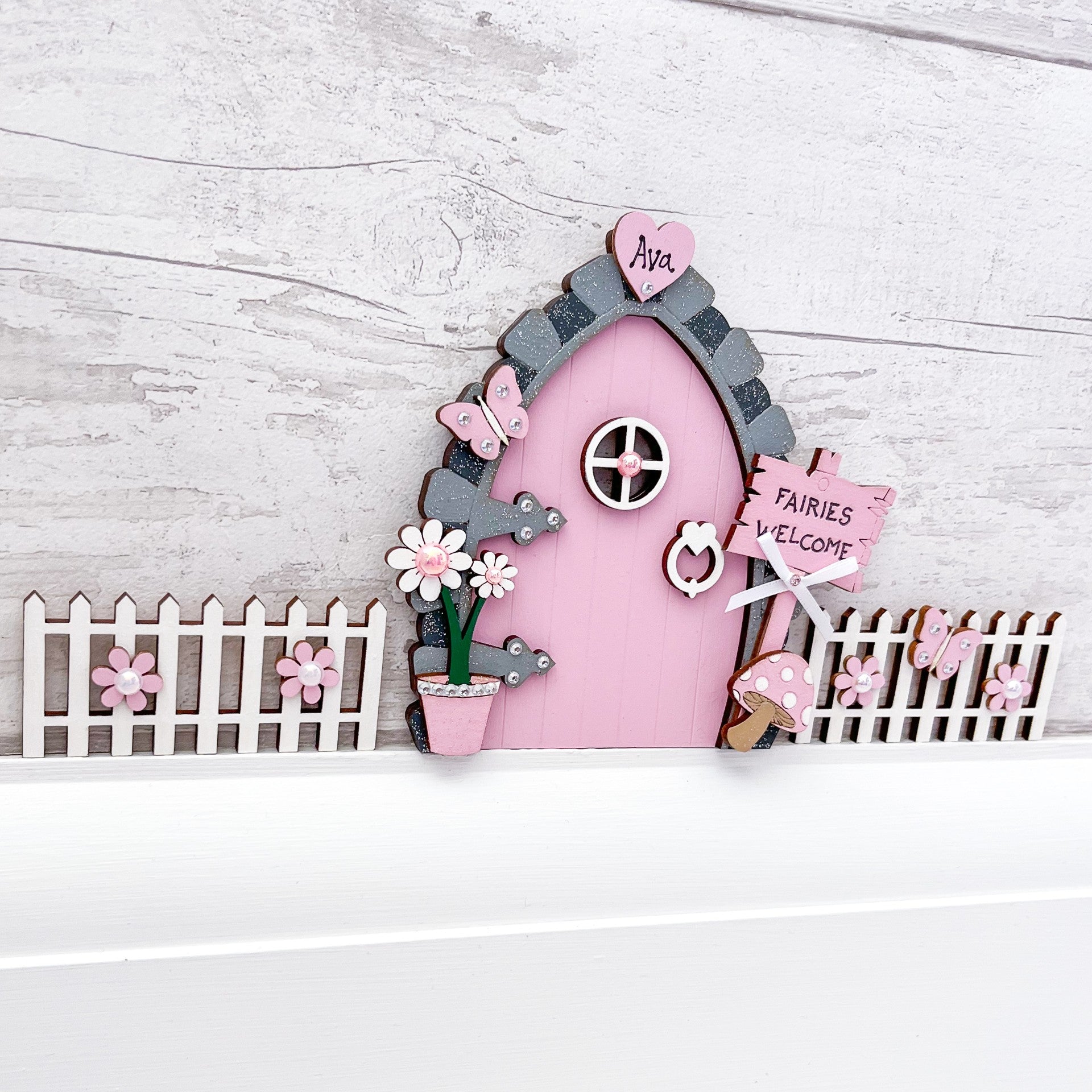 Candy Pink Wooden Fairy Door With Fencing - Sweet Pea Wooden Creations