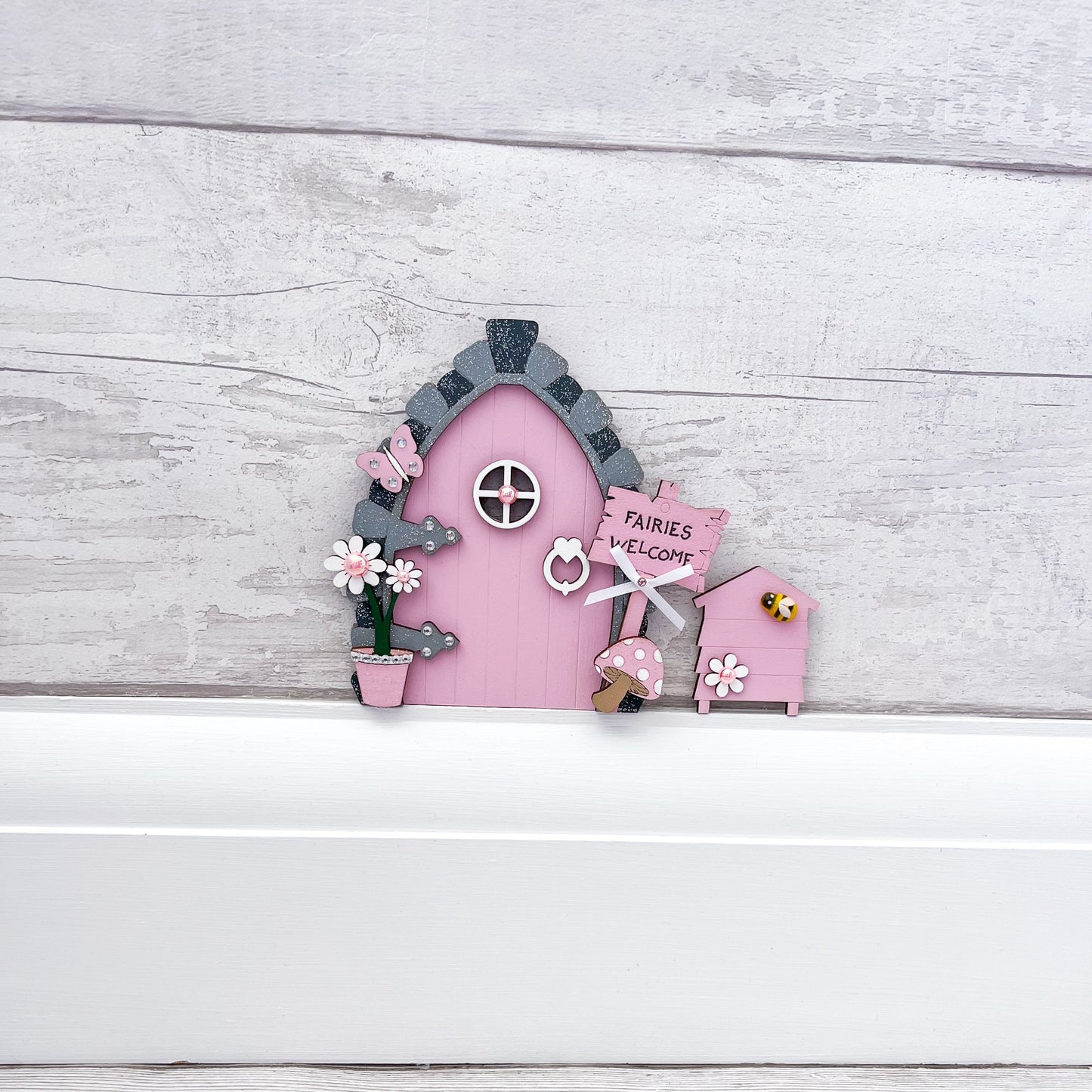 Candy Pink Fairy Door With Beehive - Sweet Pea Wooden Creations