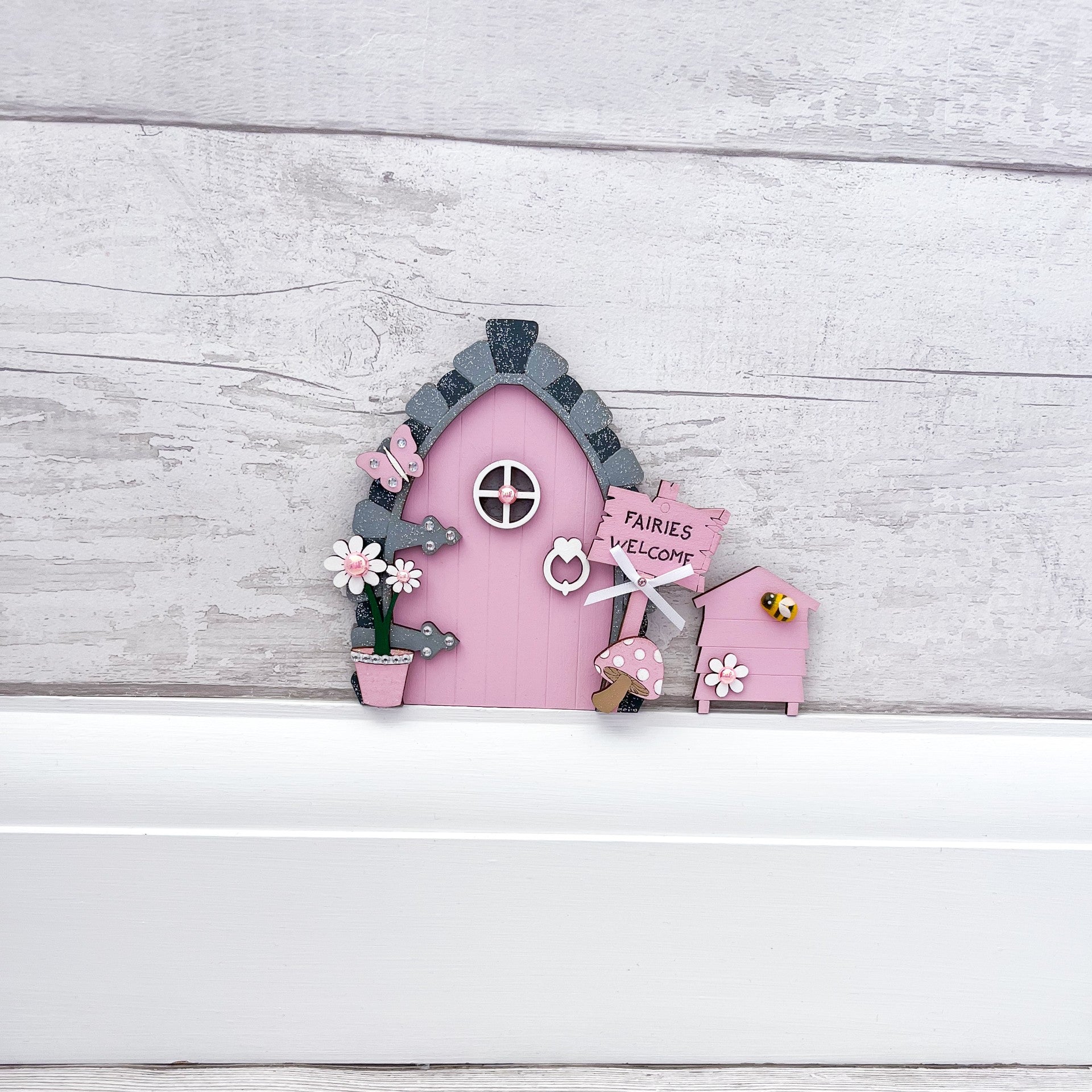 Candy Pink Fairy Door With Beehive - Sweet Pea Wooden Creations