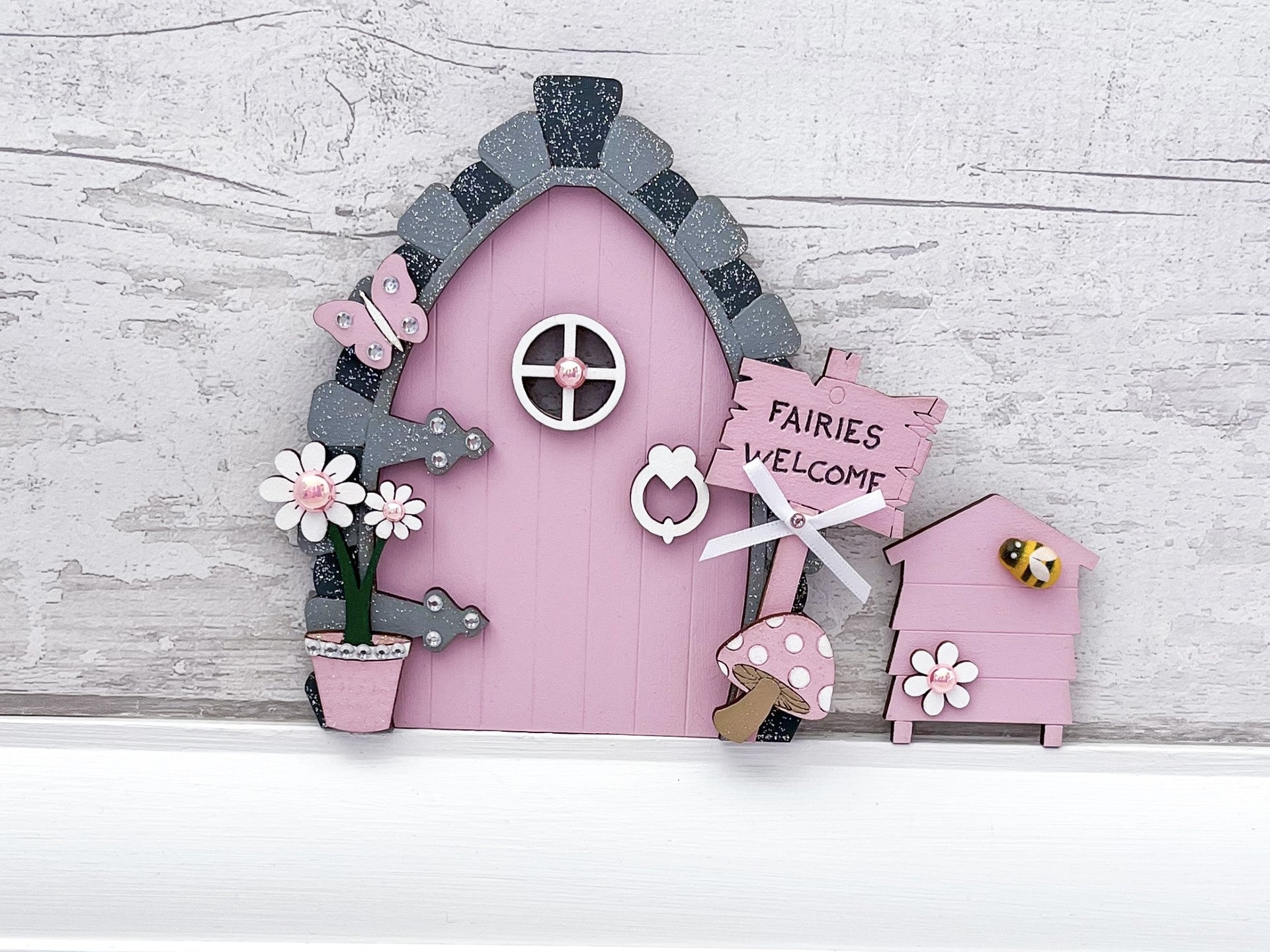 Candy Pink Fairy Door With Beehive - Sweet Pea Wooden Creations