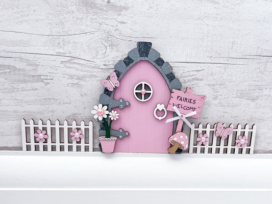 Candy Pink Fairy Door With Fencing Wall Art - Sweet Pea Wooden Creations