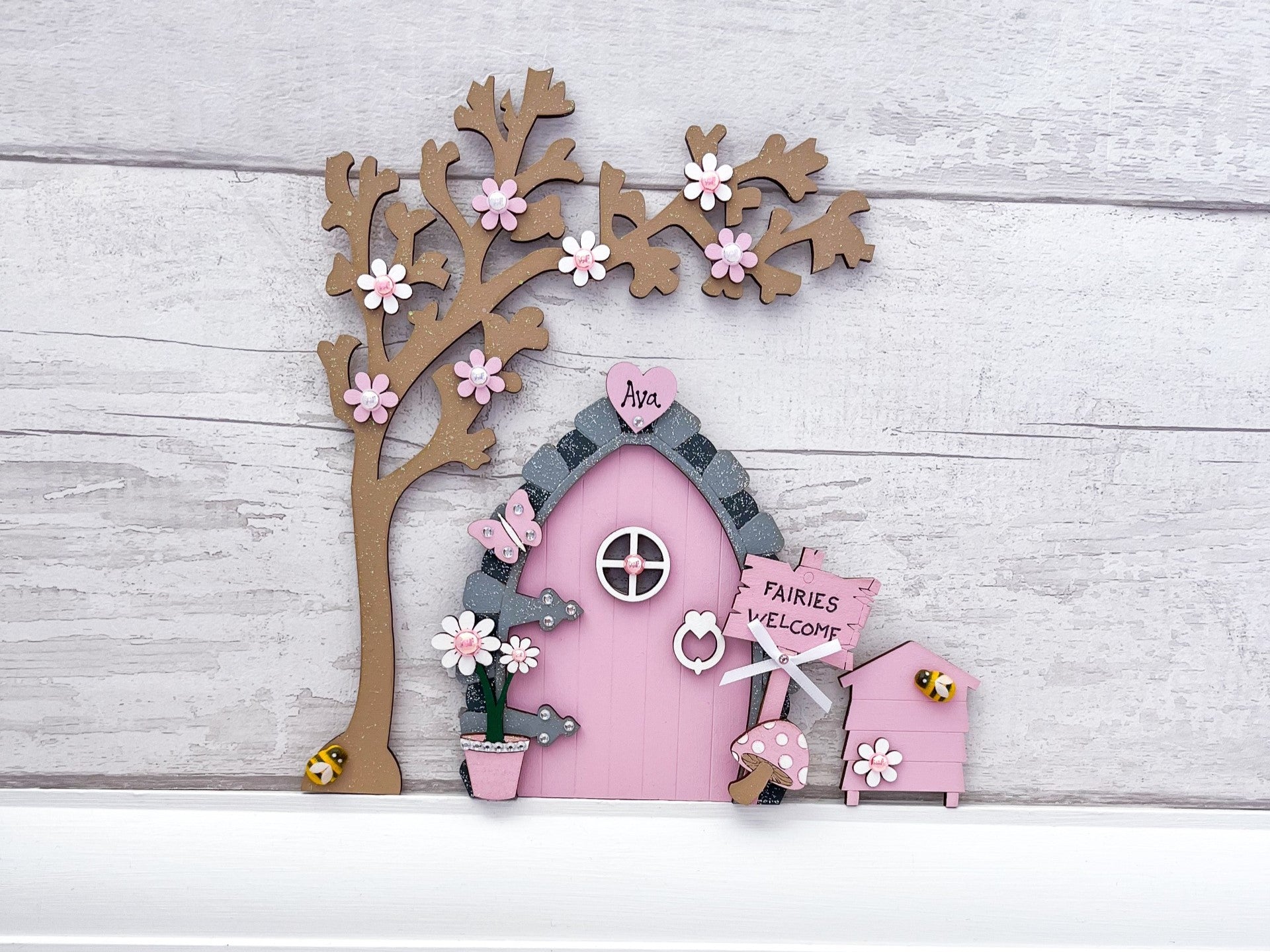 Candy Pink Fairy Door With Tree & Beehive Wall Art - Sweet Pea Wooden Creations
