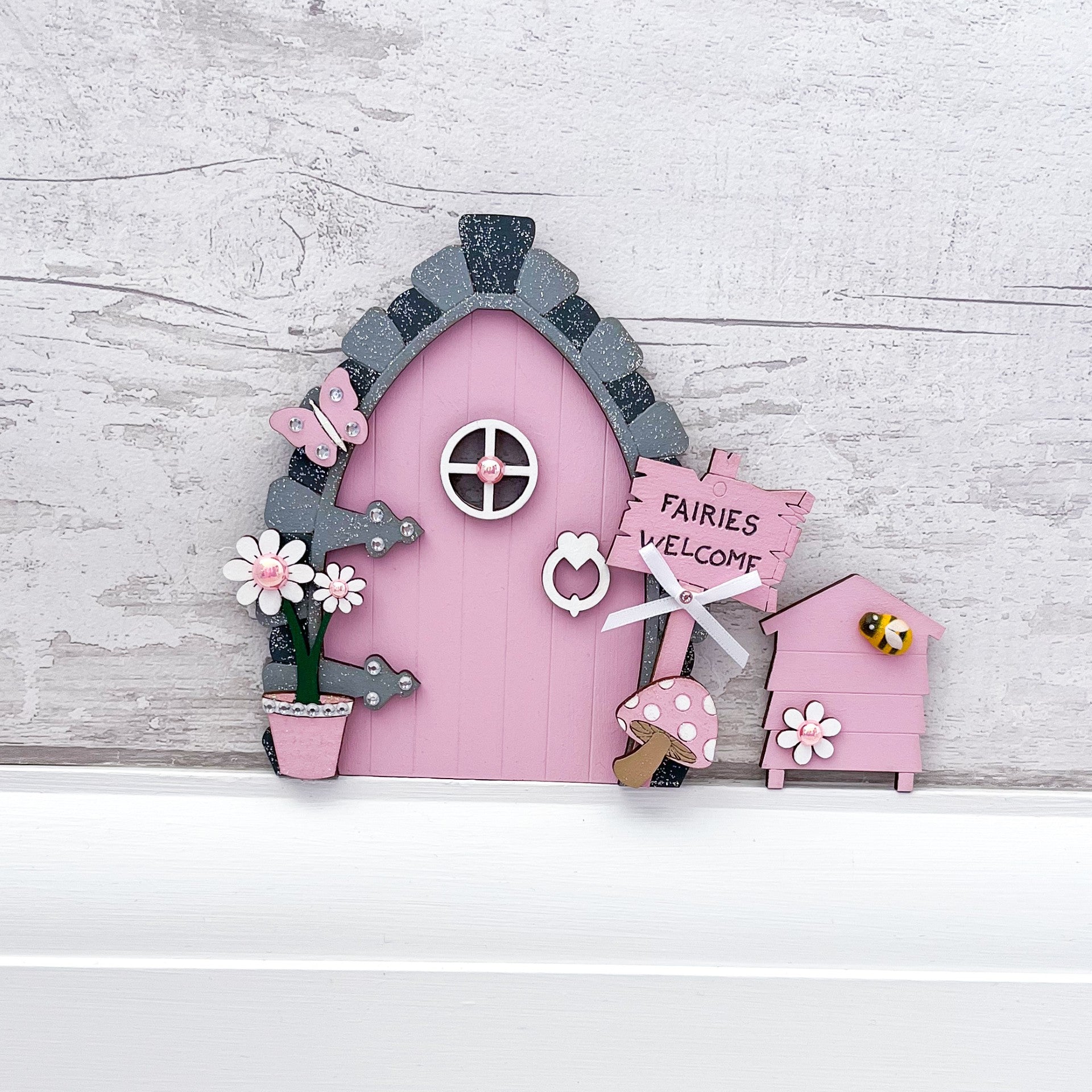 Candy Pink Wooden Fairy Door With Beehive - Sweet Pea Wooden Creations