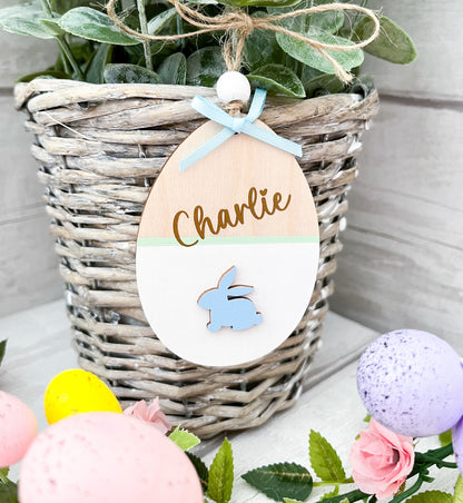 Personalised Easter Basket Tag, Egg Decoration, White, Blue, Gold - Sweet Pea Wooden Creations