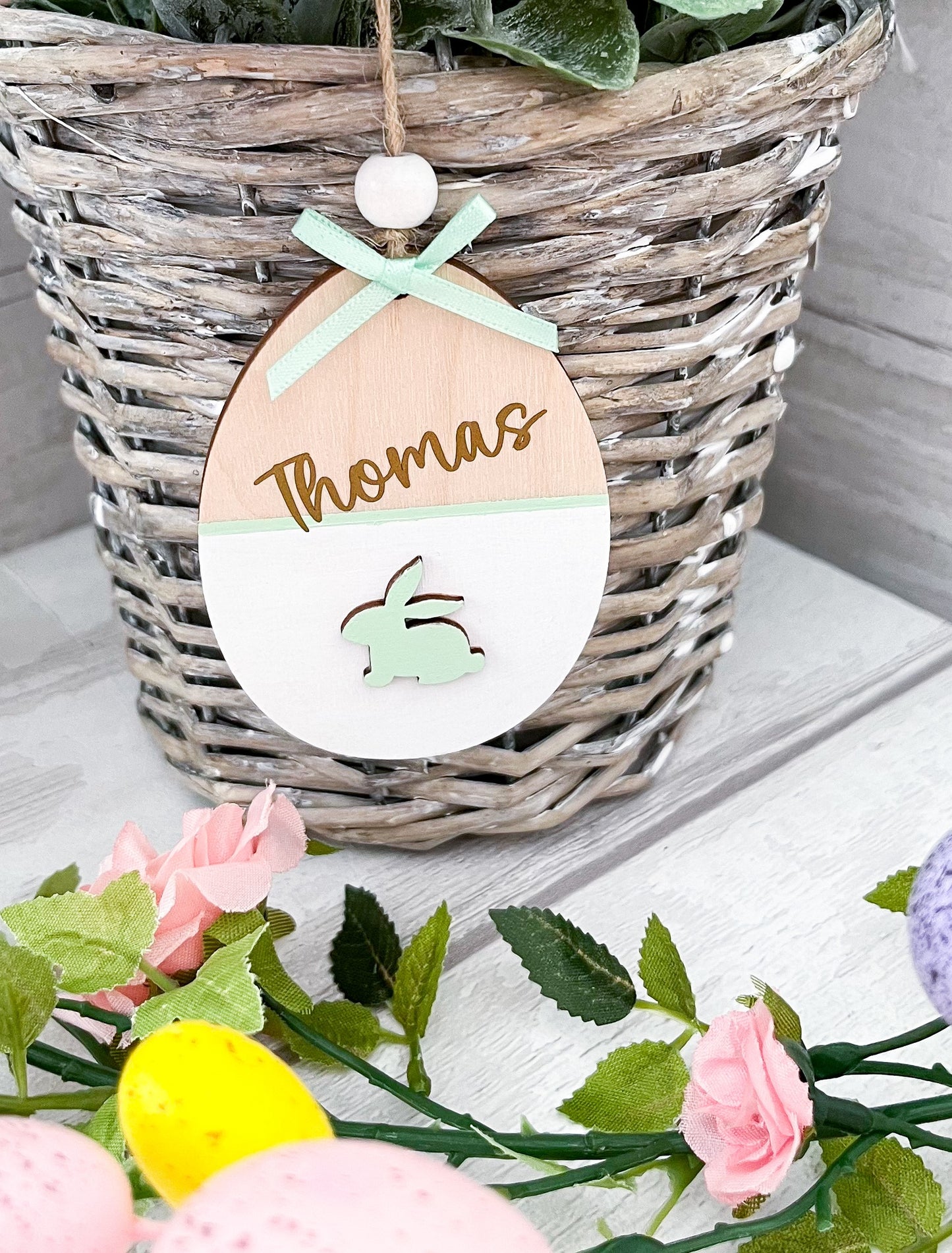 Personalised Easter Basket Tag, Egg Decoration, White, Green, Gold - Sweet Pea Wooden Creations