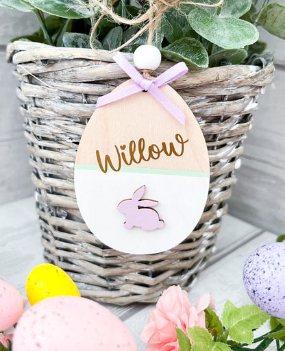 Personalised Easter Basket Tag, Egg Decoration, White, Lilac, Gold - Sweet Pea Wooden Creations
