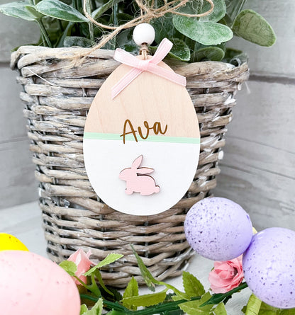 Personalised Easter Basket Tag, Egg Decoration, White, Pink,Gold - Sweet Pea Wooden Creations