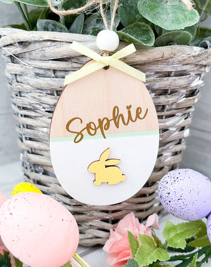 Personalised Easter Basket Tag, Egg Decoration, White, Yellow, Gold - Sweet Pea Wooden Creations