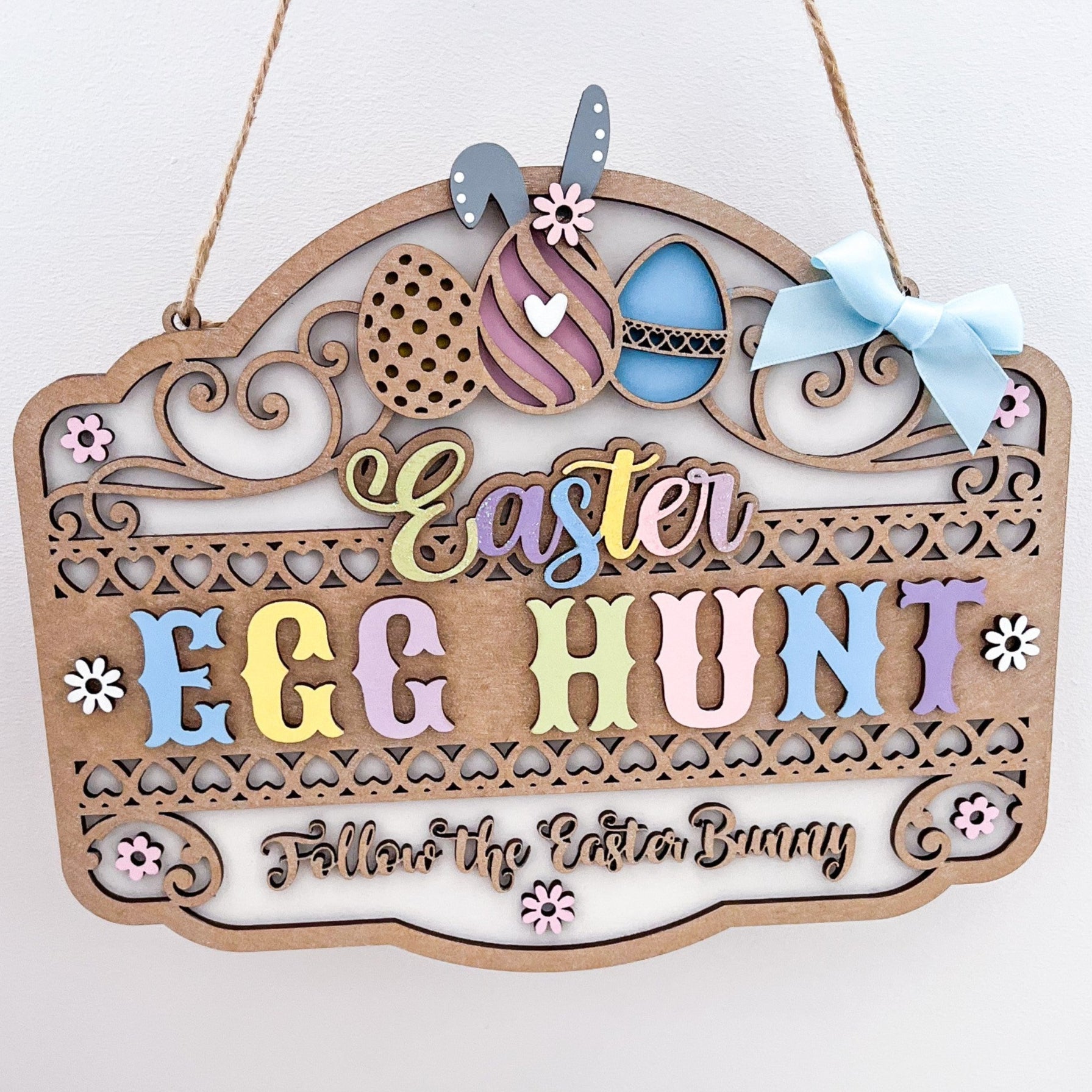Easter Egg Hunt Follow The Easter Bunny Hanging Sign - Sweet Pea Wooden Creations