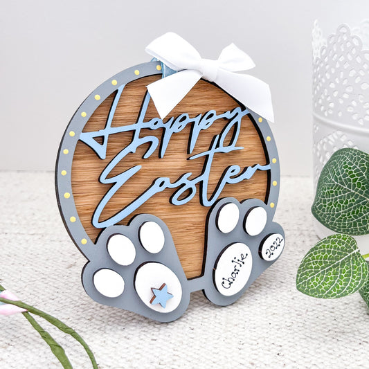 Baby Boy First Easter Gift, Personalised Bunny Hanging Decoration - Sweet Pea Wooden Creations