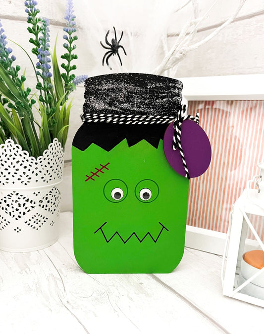 Halloween Frankenstein Wooden ‘Mason Jar’ Shelf Decoration - Sweet Pea Wooden Creations
