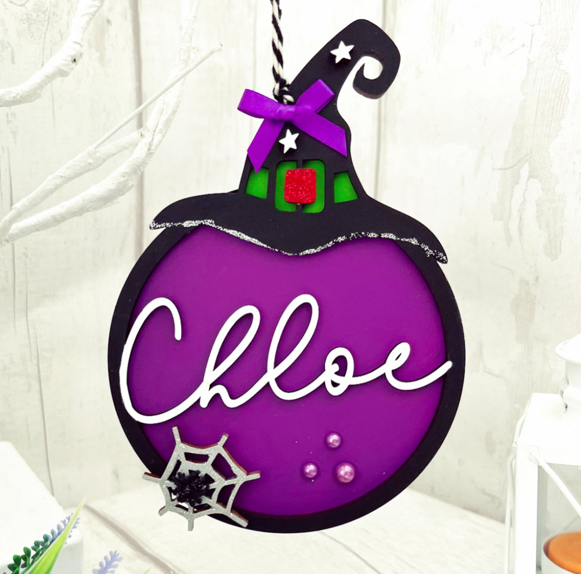 Personalised Witch Halloween Hanging Decoration b - Sweet Pea Wooden Creations
