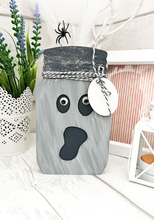Halloween Ghost Wooden ‘Mason Jar’ Shelf Decoration - Sweet Pea Wooden Creations