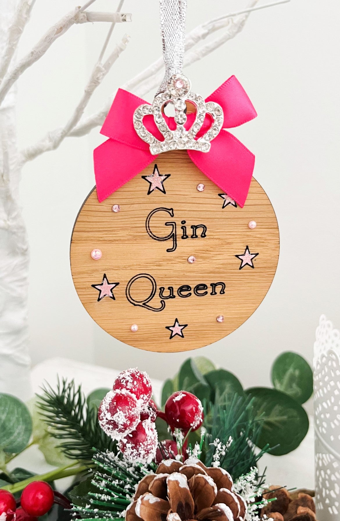 Gin Queen Bauble Decoration, Wooden Hanging Decoration 4 - Sweet Pea Wooden Creations